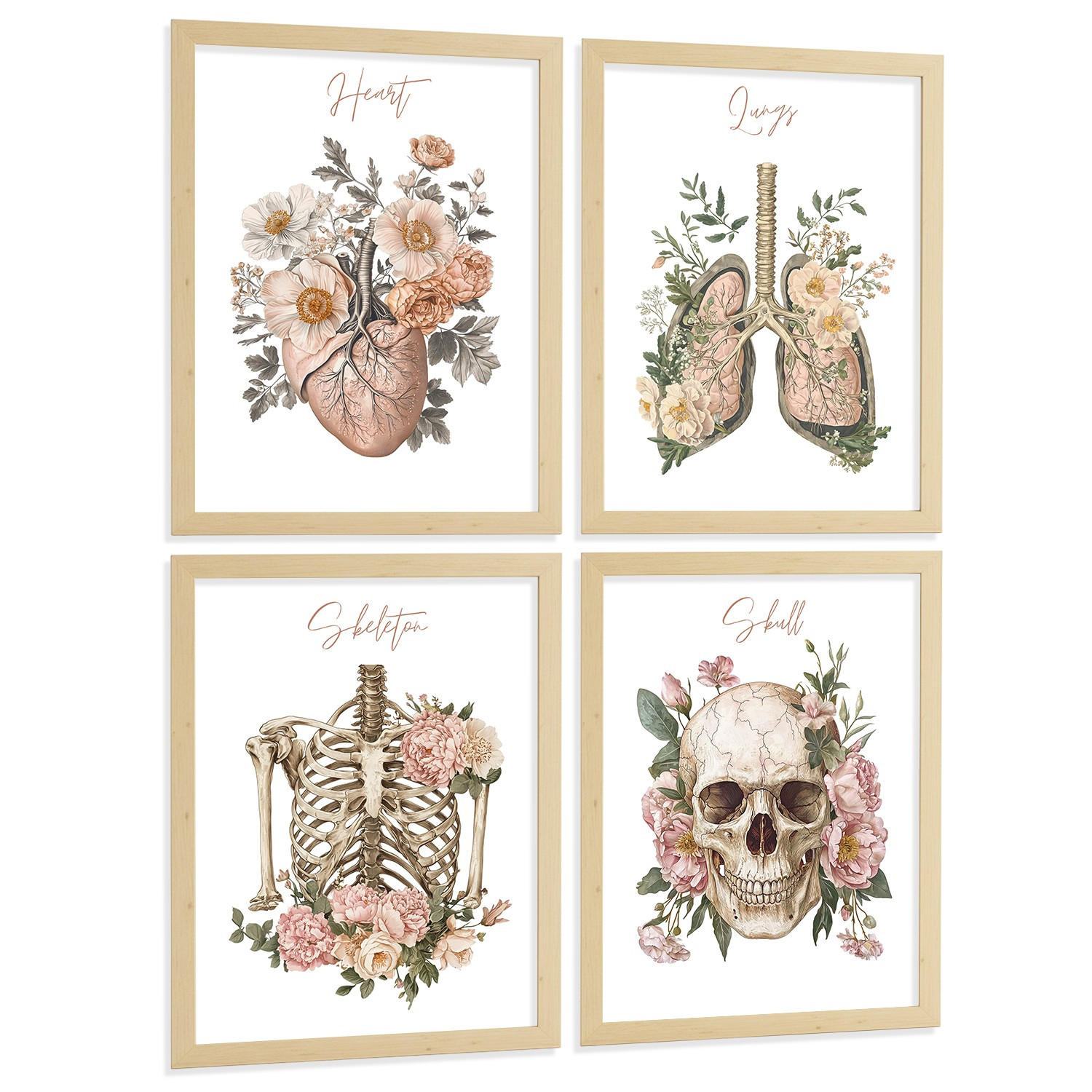 POSTER Set aus 4 Anatomie Mensch Florale Drucke und Wandbilder mit Herz Lungen Skelett und Schädel Stil Wanddekoration Größe Leichter Holzrahmen A4 - Beige, Papier (21/29.7/3cm) - Nacnic