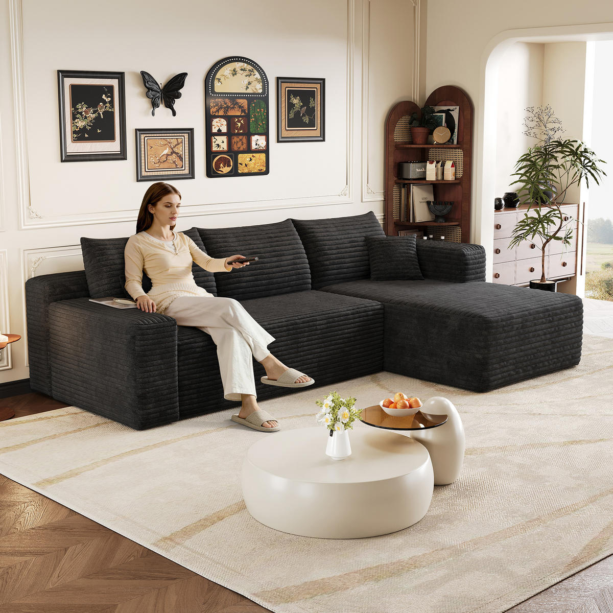 ECKSOFA Cord Schwarz Ohne Montage - Schwarz, Textil (241/151cm) - WISHDOR