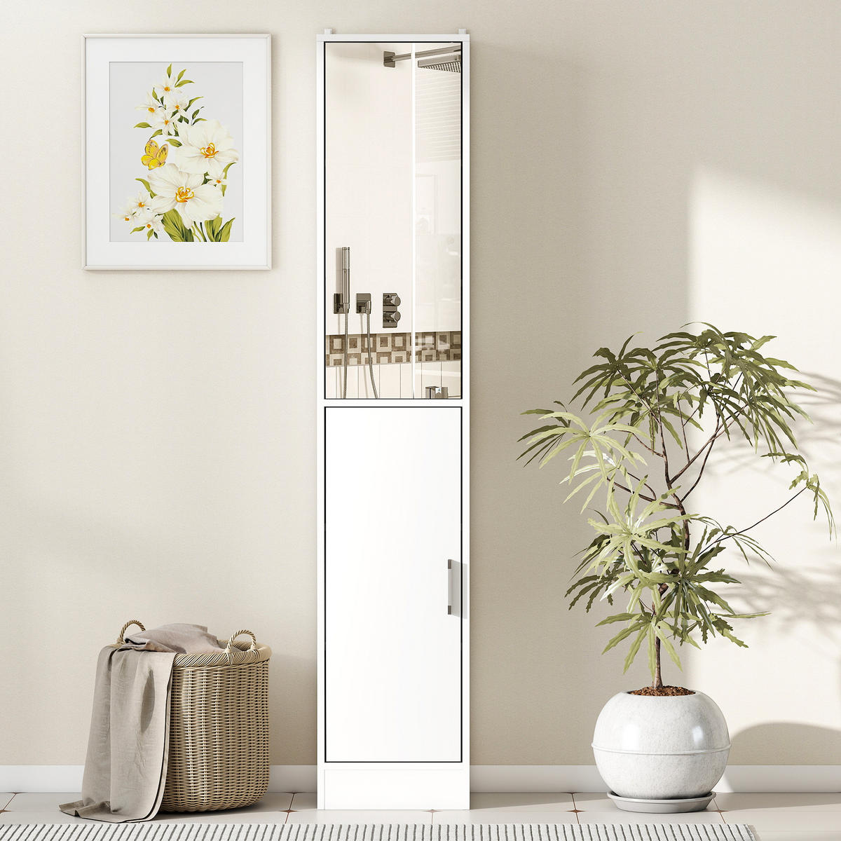 HOCHSCHRANK DE-12532 mit spiegel 32/28/162 cm Weiß - Weiß, Holzwerkstoff (28/162/32cm) - ComfortXL