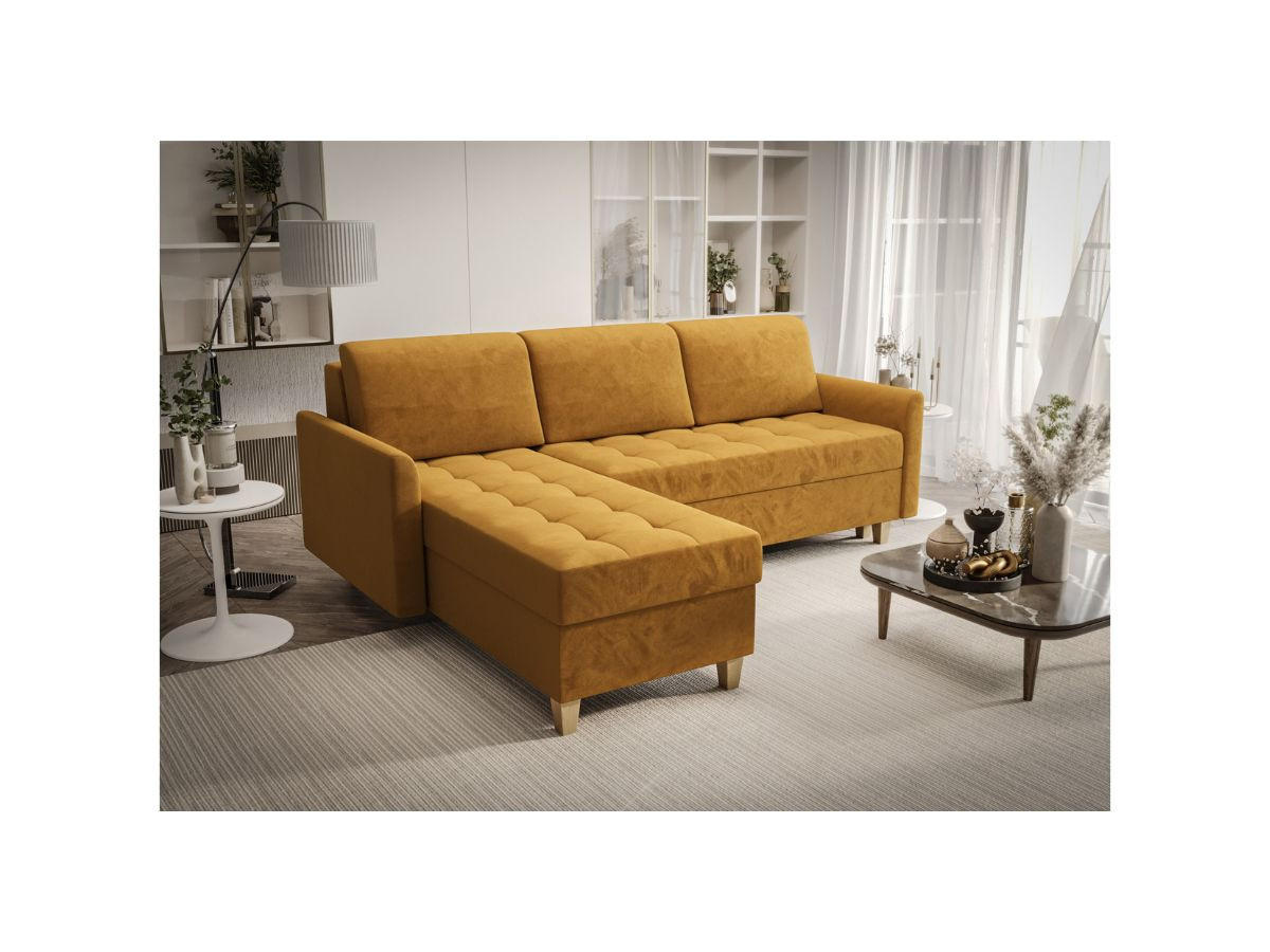 ECKSOFA KONGO RBN08, Eckcouch in L-Form mit Schlaffunktion, Farbe: Gelb, Velourstoff, Ottomane Links - Gelb, Textil (240/180cm) - O-Sofa