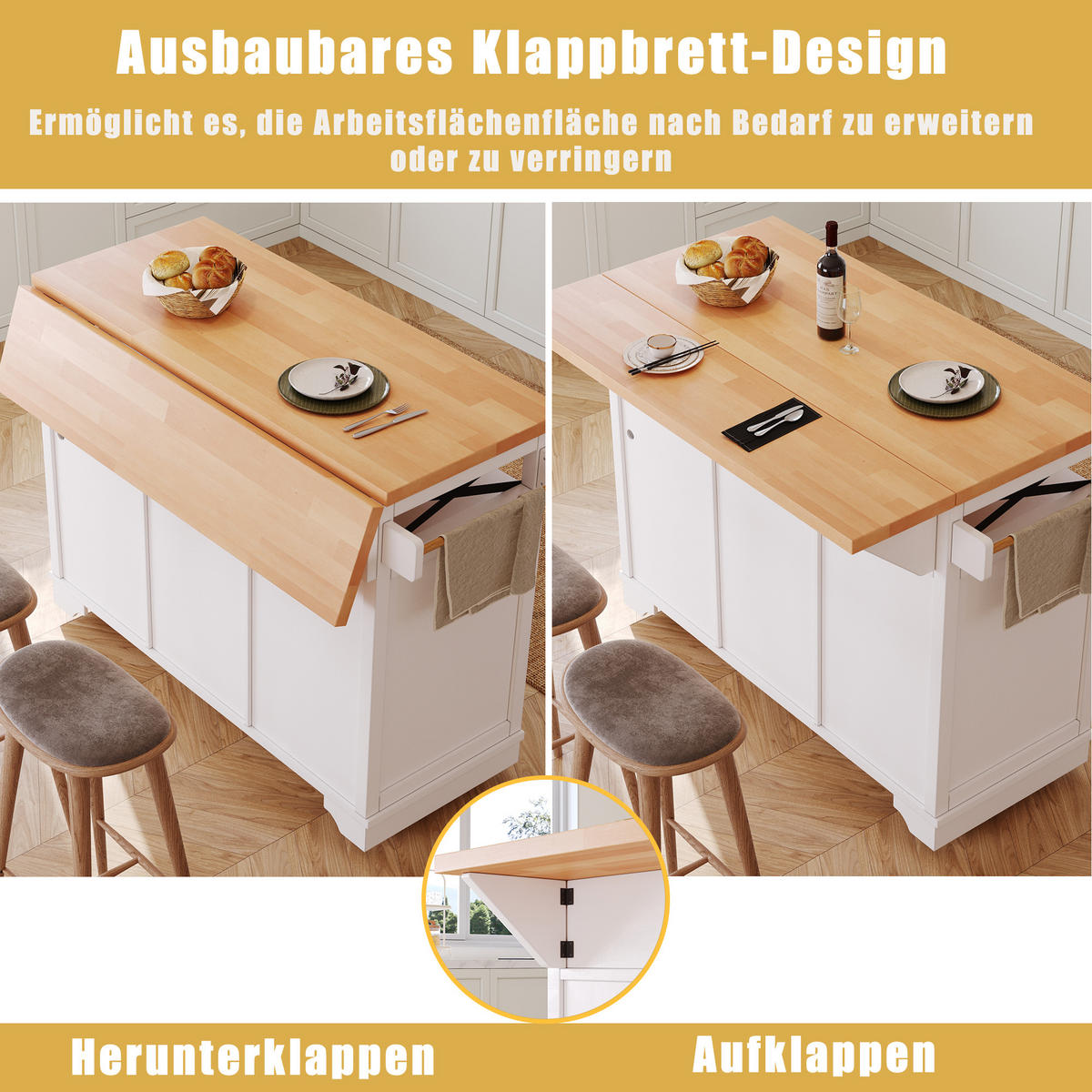 KÜCHENINSEL 120/71/98 cm Weiß mit LED-App Licht, 3 Schubladen, 2 Türen, Klapptisch und 360° Rollen - Weiß, Holz/Holzwerkstoff (120/98/71cm) - Oxeza