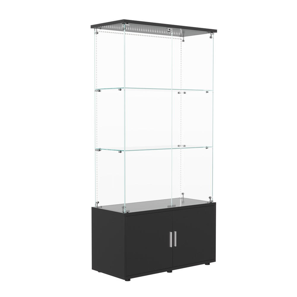 VITRINE - Glasvitrine mit Cabinet-Unterbau - 4 Türen und 3 Ebenen - LED-Lichtband-Beleuchtung - Schwarz - Schwarz, Glas (78.51/164/35cm) - DELFA