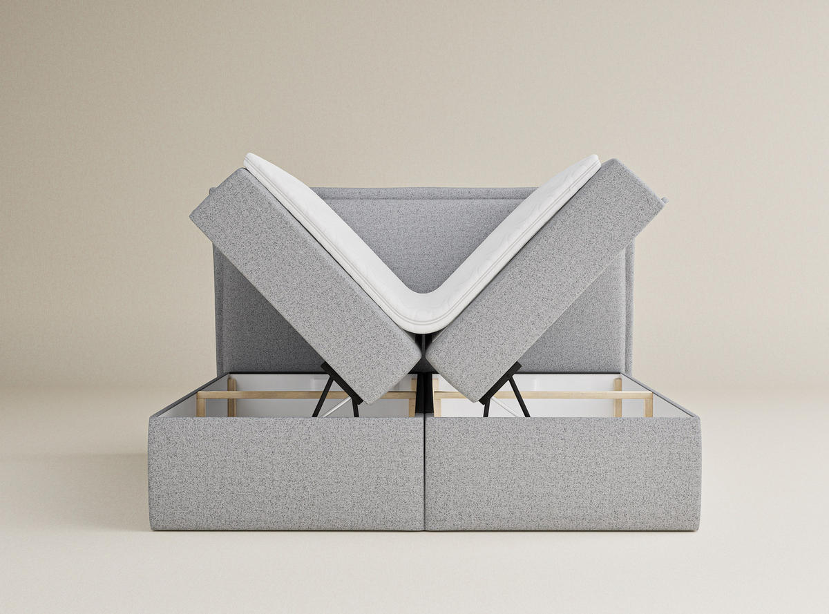 BOXBETT Saffron 160/200 cm, in Hellgrau, Bettkasten, Matratze, Topper - Hellgrau/Schwarz, Holz/Holzwerkstoff (160/200cm) - Maison de Reve