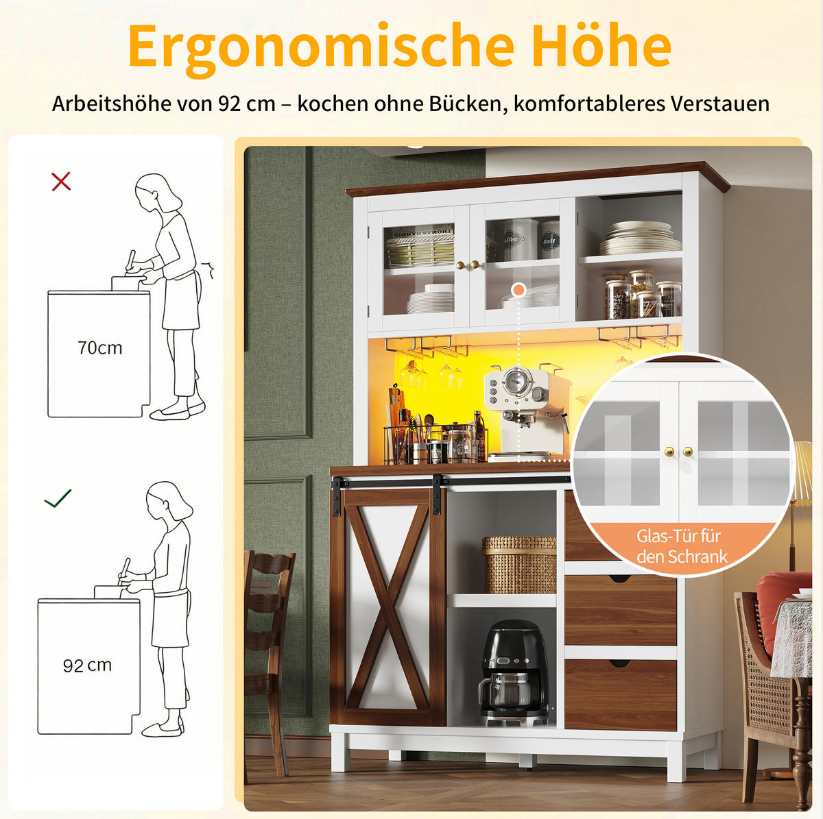BUFFET 104/40/180 cm Weiß aus MDF, Glas und Metall mit LED - Weiß, Glas (104/180/40cm) - OKWISH