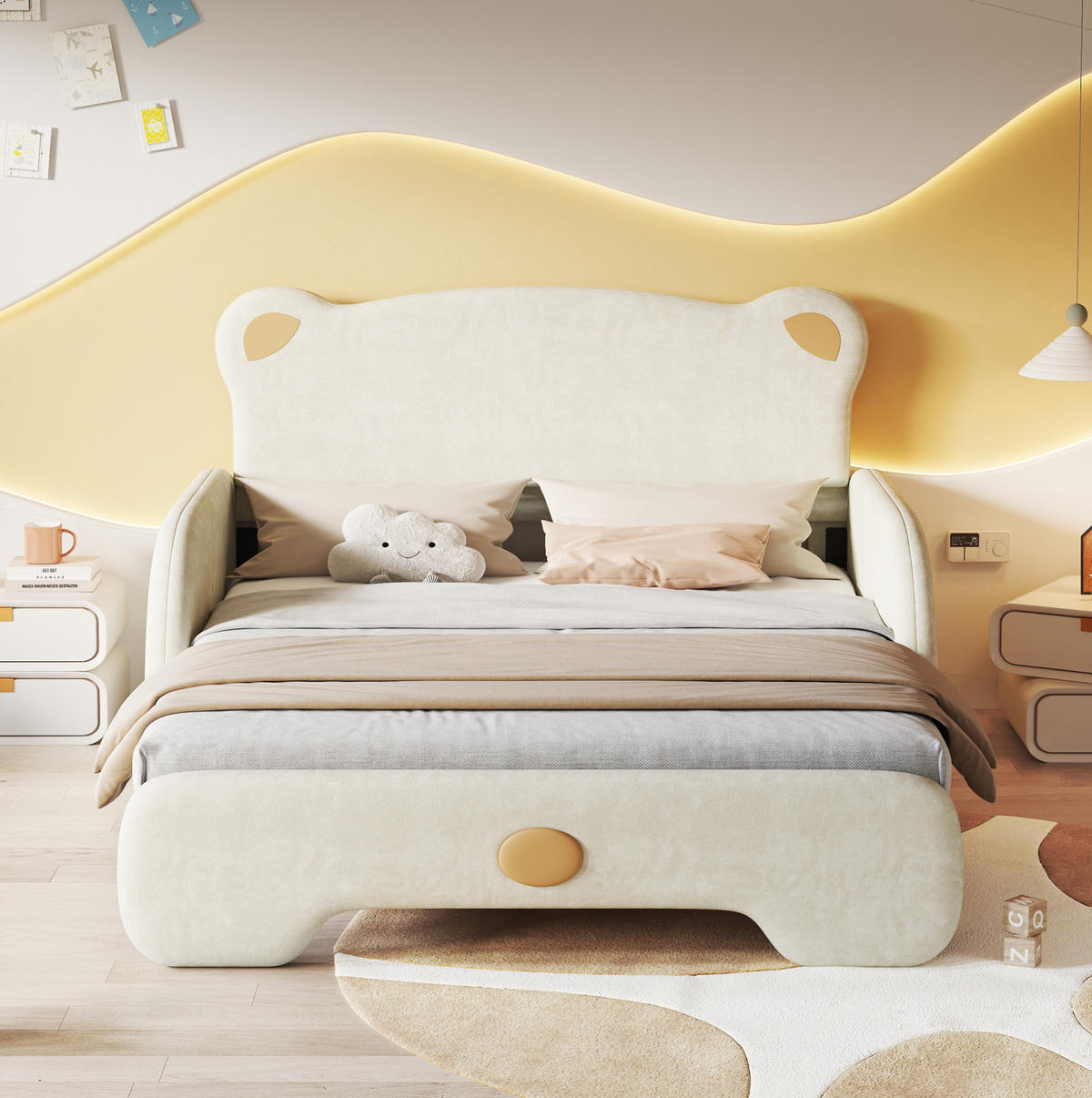 POLSTERBETT 140/200 cm aus Samt mit Bärenform und Ausziehbett Beige - Beige, Textil (140/200cm) - Modenvie