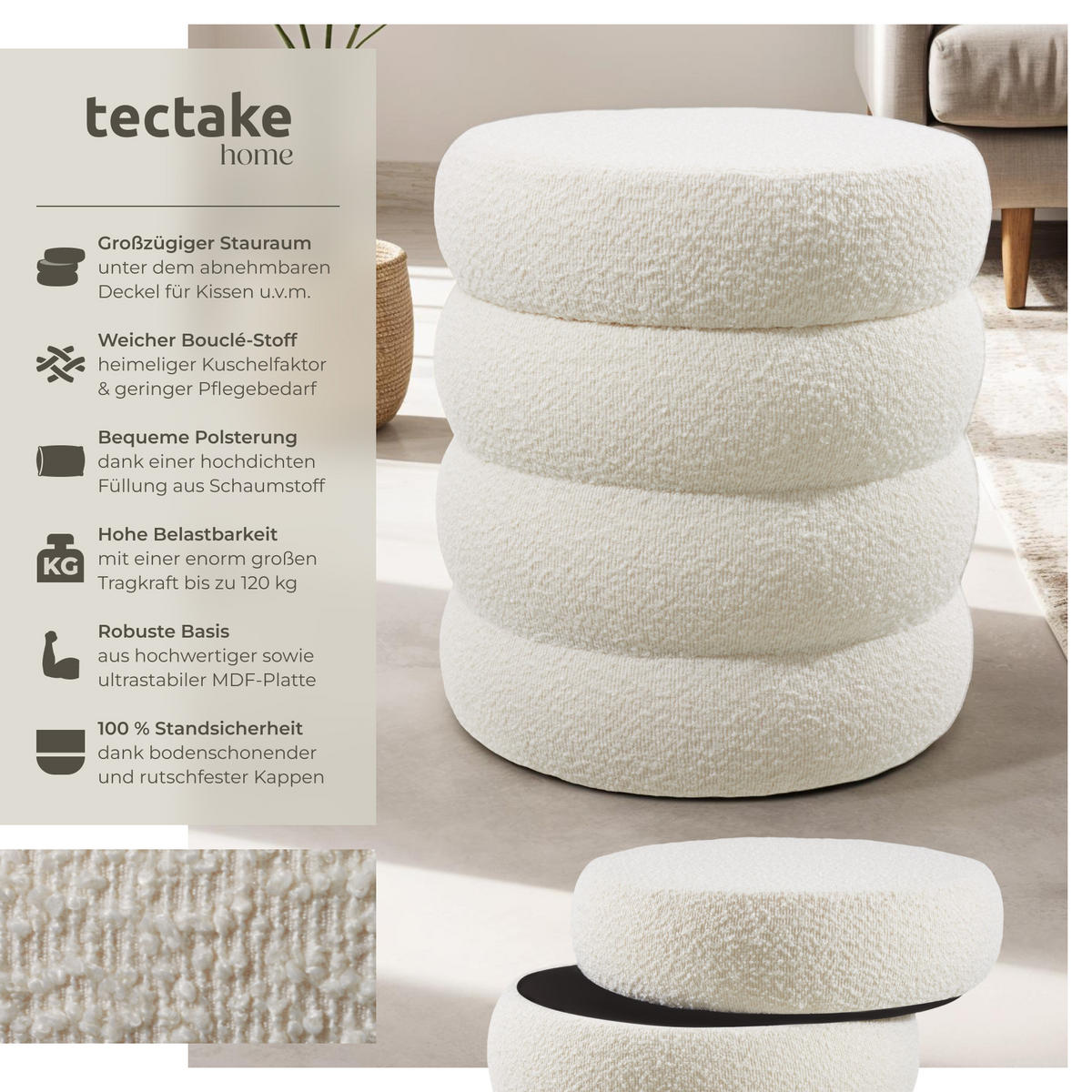 SITZHOCKER mit Stauraum Altu,42 x 42 x 47 cm,Bouclé creme-weiß - Creme/Weiß, Holz (42/47/42cm) - tectake