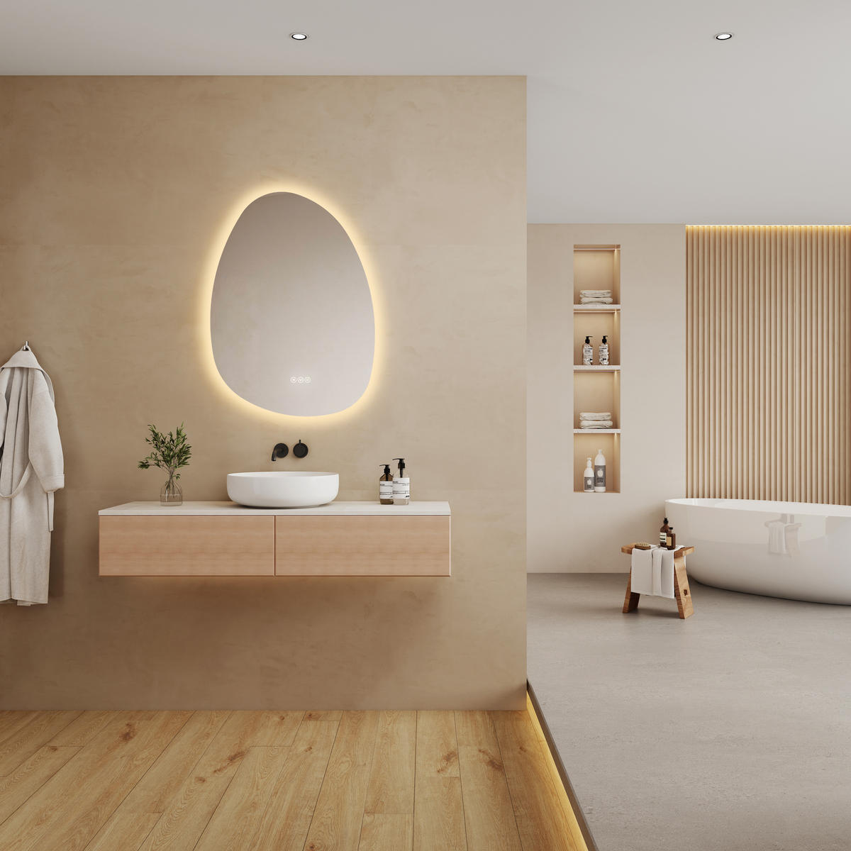 BADSPIEGEL asymmetrisch mit LED-Beleuchtung, Antibeschlag, 55/75 cm - Transparent, Glas (55/75/2.5cm) - EMKE