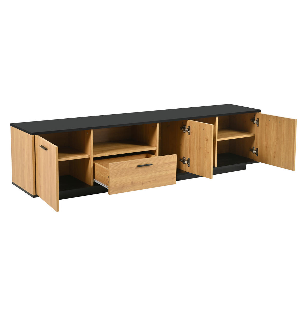 TV stolek z MDF 180x37x45 cm černá a dekor dřeva s LED osvětlením, 3 dvířky a zásuvkou - černá, kompozitní dřevo (180/45/37cm) - Modfu