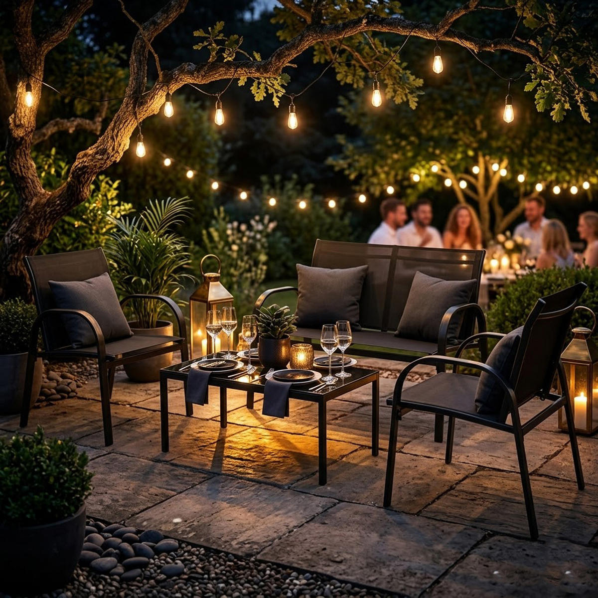 LOUNGE-SET Bath - 4-teilig - Gartenlounge Set Metall schwarz + Textilgewebe - Schwarz, Metall - TPFGarden