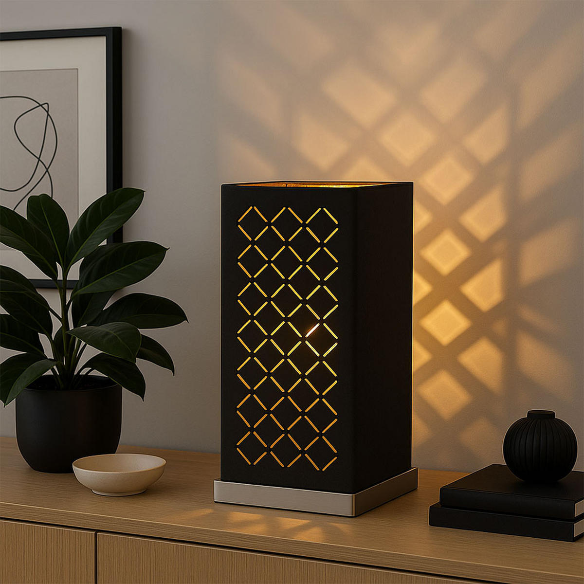 LED TISCHLEUCHTE CLARKE Schwarz Gold - Schwarz, Textil (11/11/25cm)