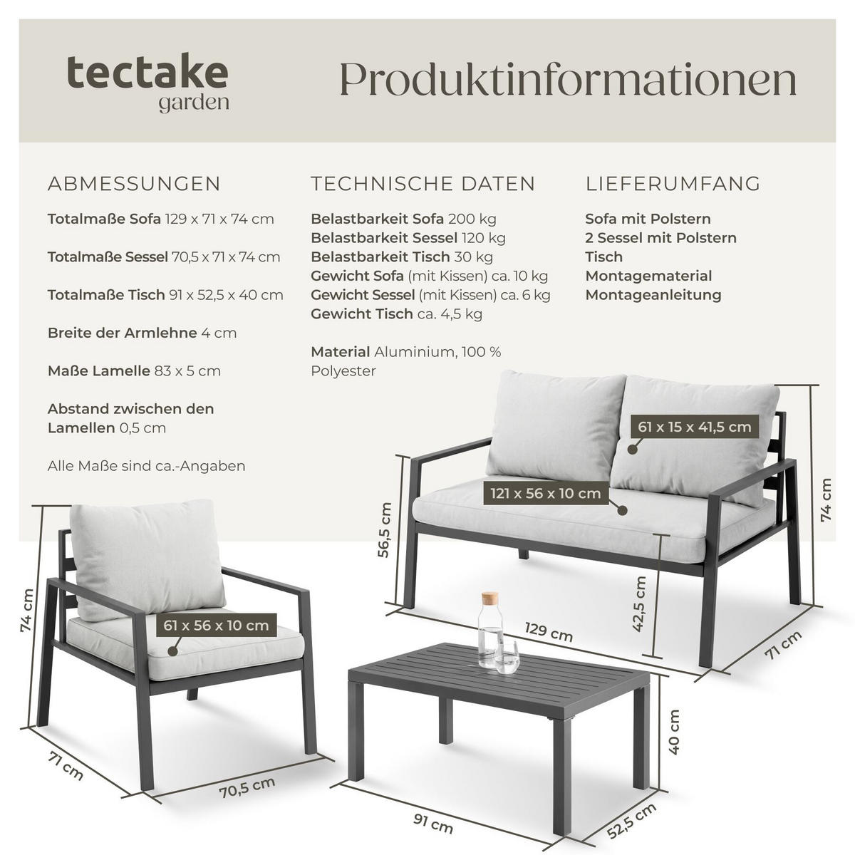 SITZGRUPPE aus Aluminium Göteborg, Tisch mit Lamellenmuster, hellgrau - Hellgrau, Kunststoff - tectake