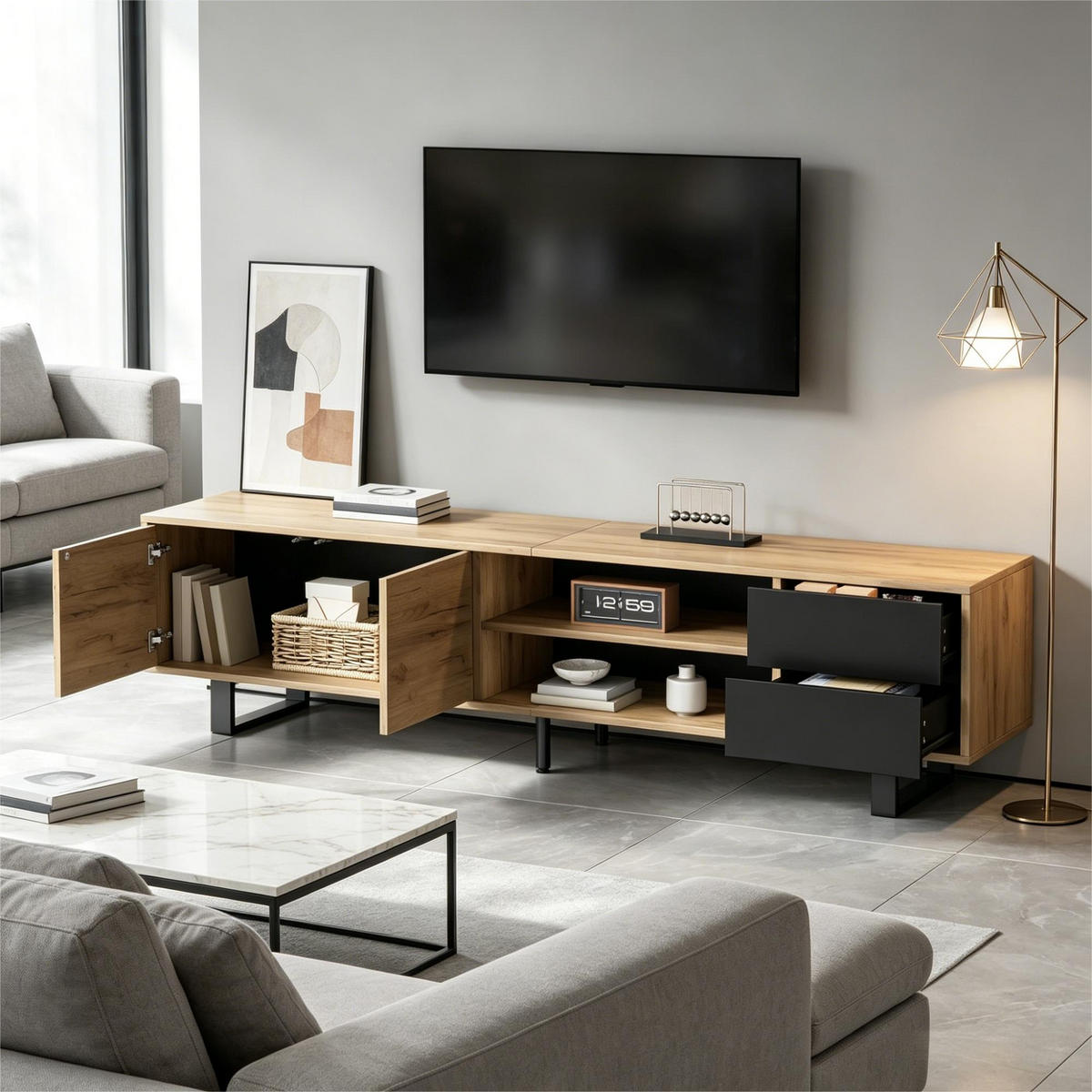 TV-SCHRANK Lowboard Holzoptik 180cm 2 Schubladen Modern - Multicolor, Holzwerkstoff (180/50/40cm) - FLIEKS