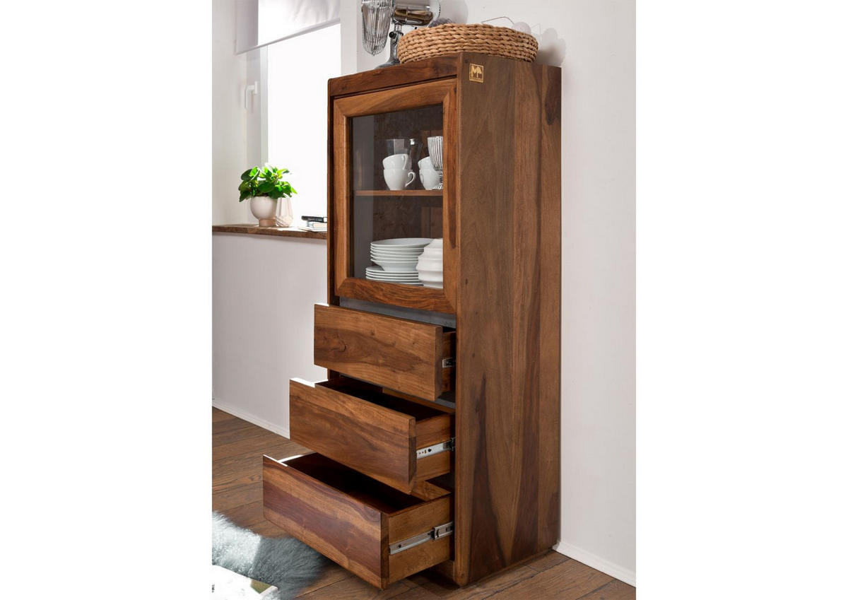 VITRINE Sheesham 63x40x147 noble unique lackiert SYDNEY #104 - Braun, Holz (63/147/40cm) - Massivmoebel24