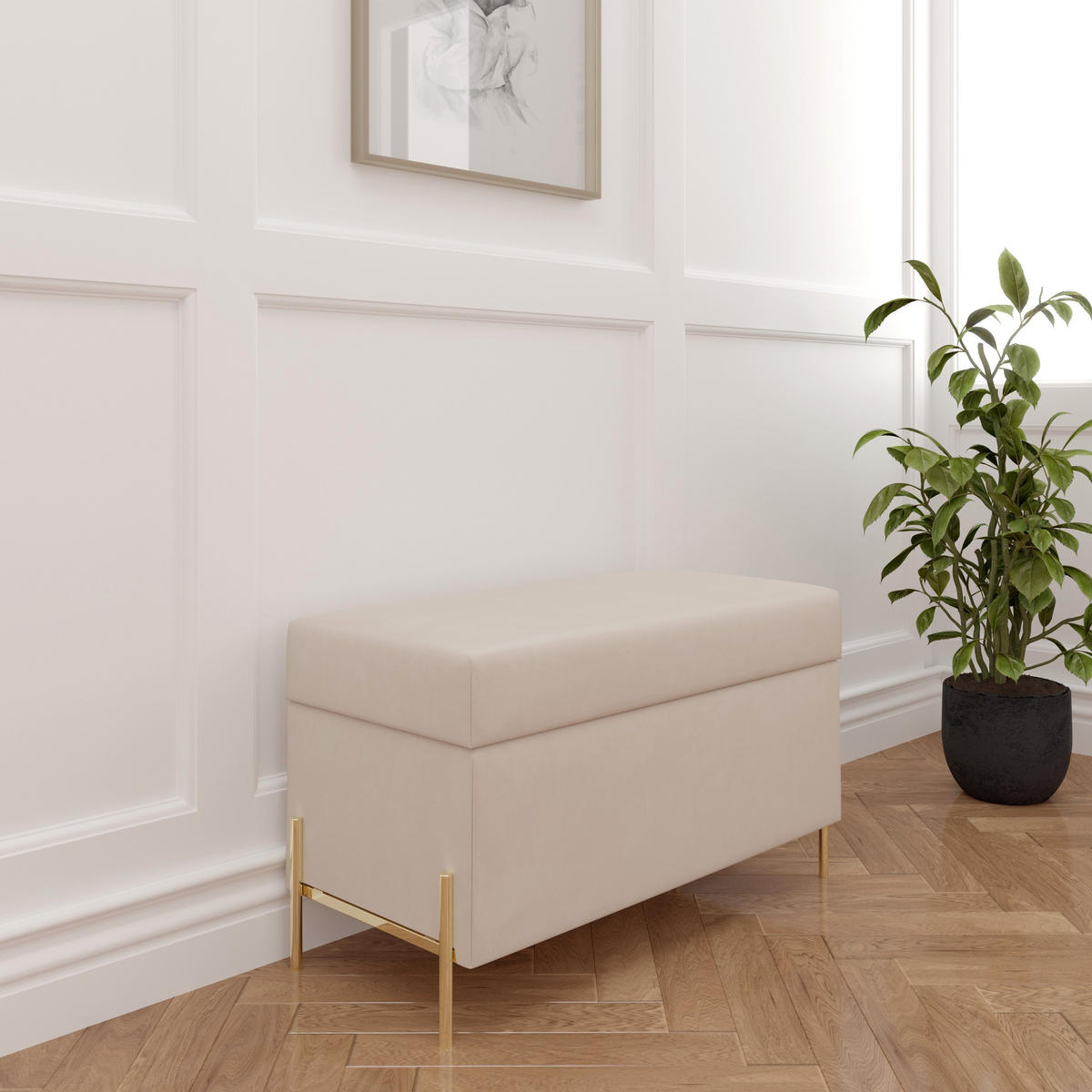HOCKERBANK Borgo Mit Stauraum, Samt Beige, Metal Gold - Beige/Goldfarben, Holzwerkstoff/Metall (80/46/37cm) - Dancan
