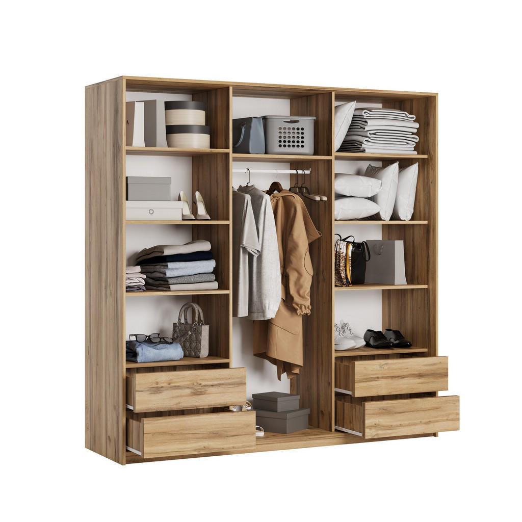 Thumbnail - Masseno Schwebetürenschrank, Eiche Wotan, Nickel, Holzwerkstoff, 9 Fächer, 4 Schubladen, Rechteckig, 180x205x60 cm, Schl...