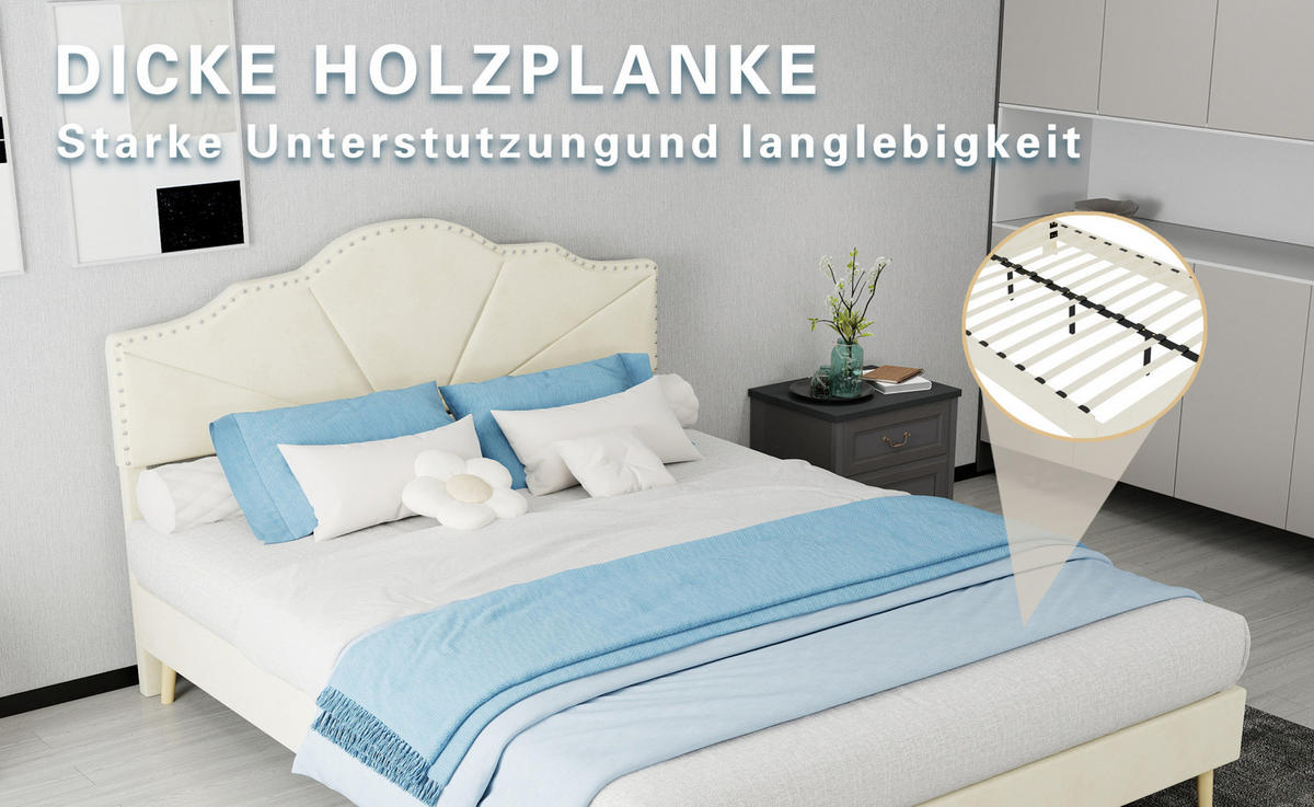 POLSTERBETT 140/200 cm mit Matratze, geometrischem Kopfteil und Lattenrost, Beige - Beige, Textil (140/200cm) - Redom