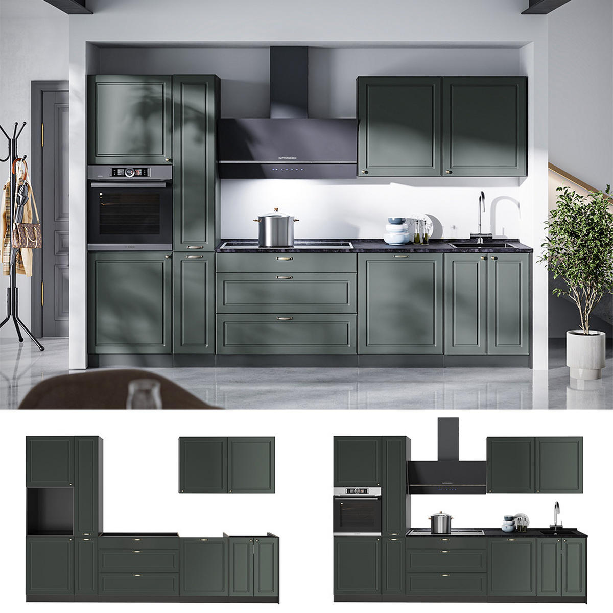 KÜCHENZEILE Fame-Line, Grün-Gold Landhaus/Anthrazit, 310 cm, AP Anthrazit - Anthrazit/Grün, Holzwerkstoff (310/206.8/60cm) - Vicco