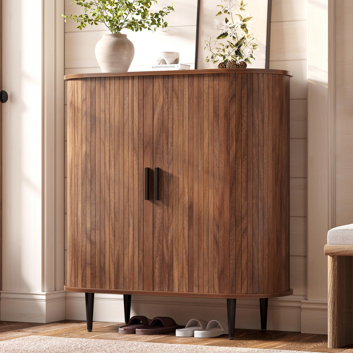 SIDEBOARD 85x40x93cm Holzoptik mit Schiebetüren und Haken - Naturfarben, Holzwerkstoff (85/93/40cm) - FLIEKS