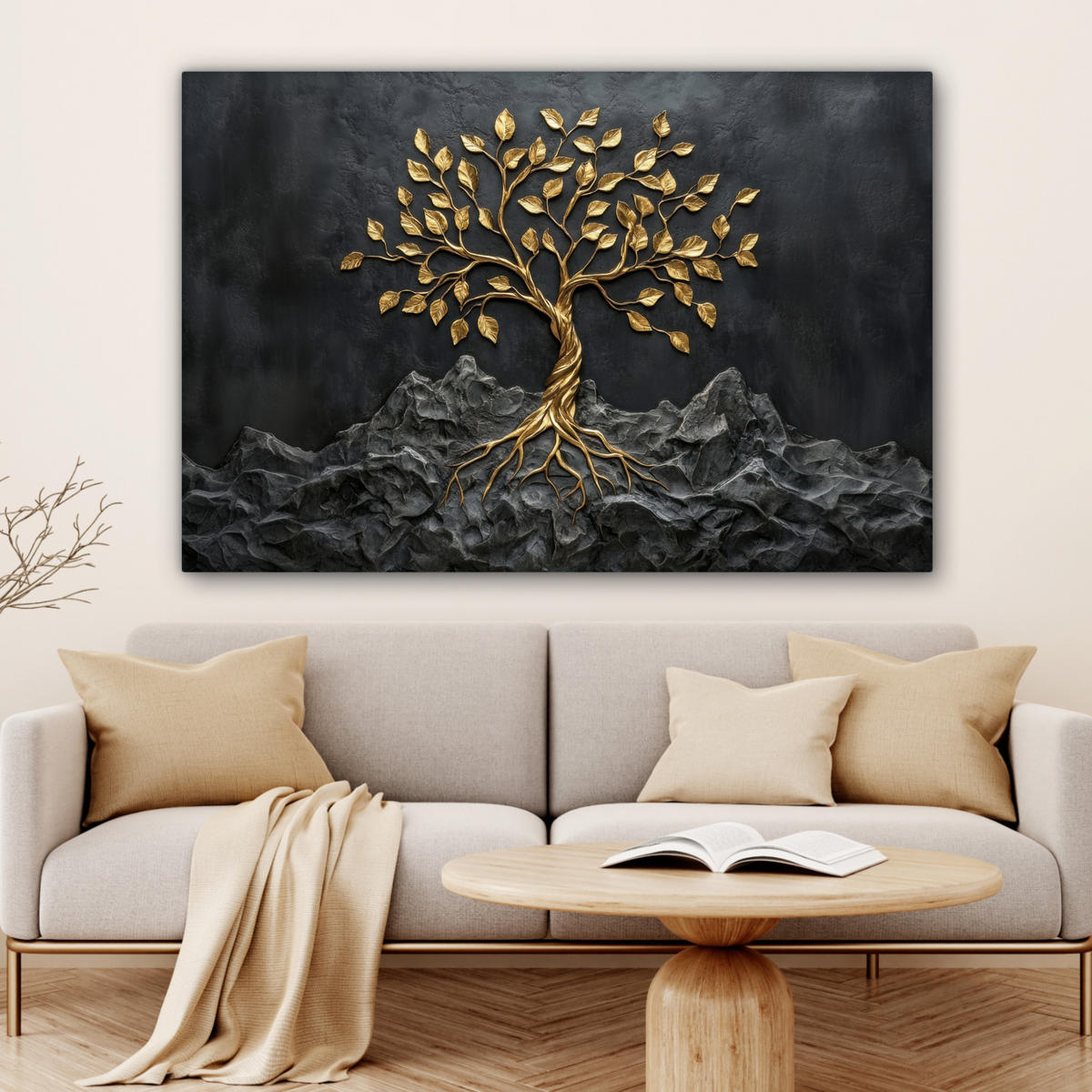 LEINWANDBILD Blätter - Gold - Baum - Fels Wohnzimmer Groß 120x80 cm - Schwarz, Textil (120/80cm) - MuchoWow