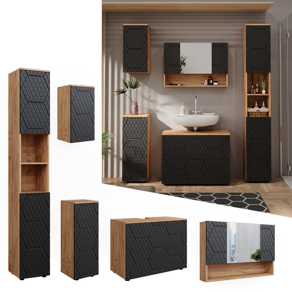 BADMÖBEL-SET Irma Anthrazit gestreift 5 Teile - Honigeiche/Anthrazit, Holzwerkstoff (80/58.6/41cm) - Vicco