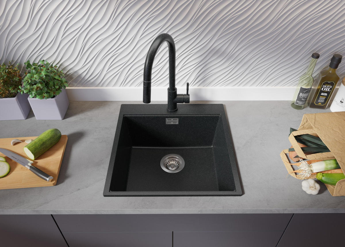 SPÜLBECKEN Oslo, 3-er set Anthrazit 48/50 cm, 1 Becken + Ablauf-Set + Schneidebrett ab 50er Unterschrank - Chromfarben/Anthrazit, Kunststoff (48/20/50cm) - Primagran