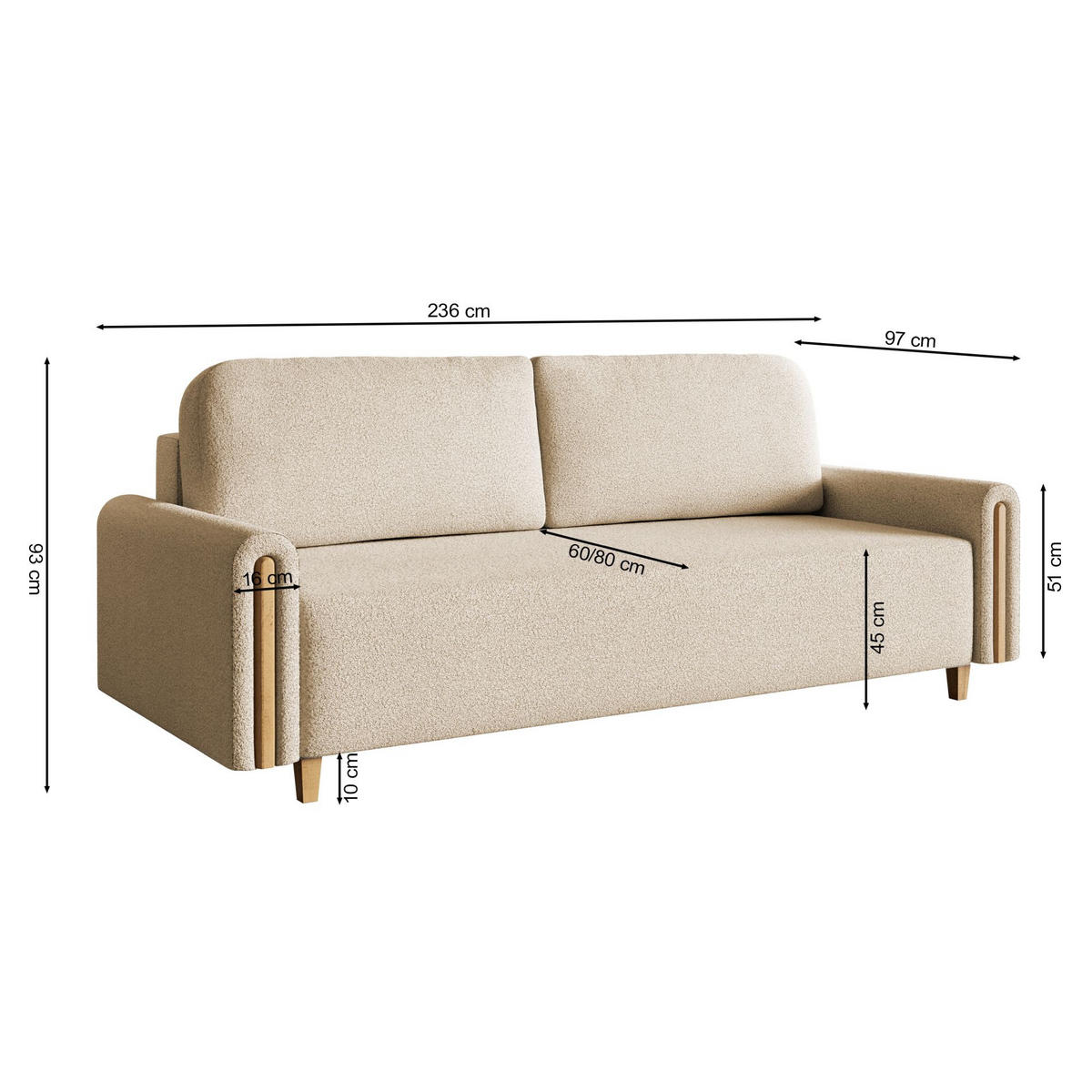 3-SITZER SCHLAFSOFA Majla Beige - Eichefarben/Beige, Holz/Textil (236/93/97cm) - Selsey