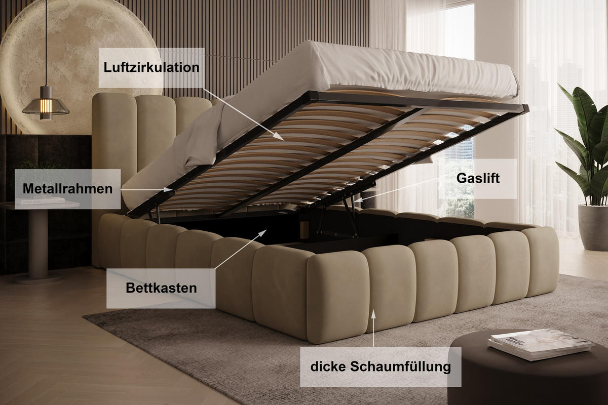 POLSTERBETT Vilo 160x200 mit Bettkasten und Stabilem Metallgestell - Braun, Textil (160/200cm) - Storez24