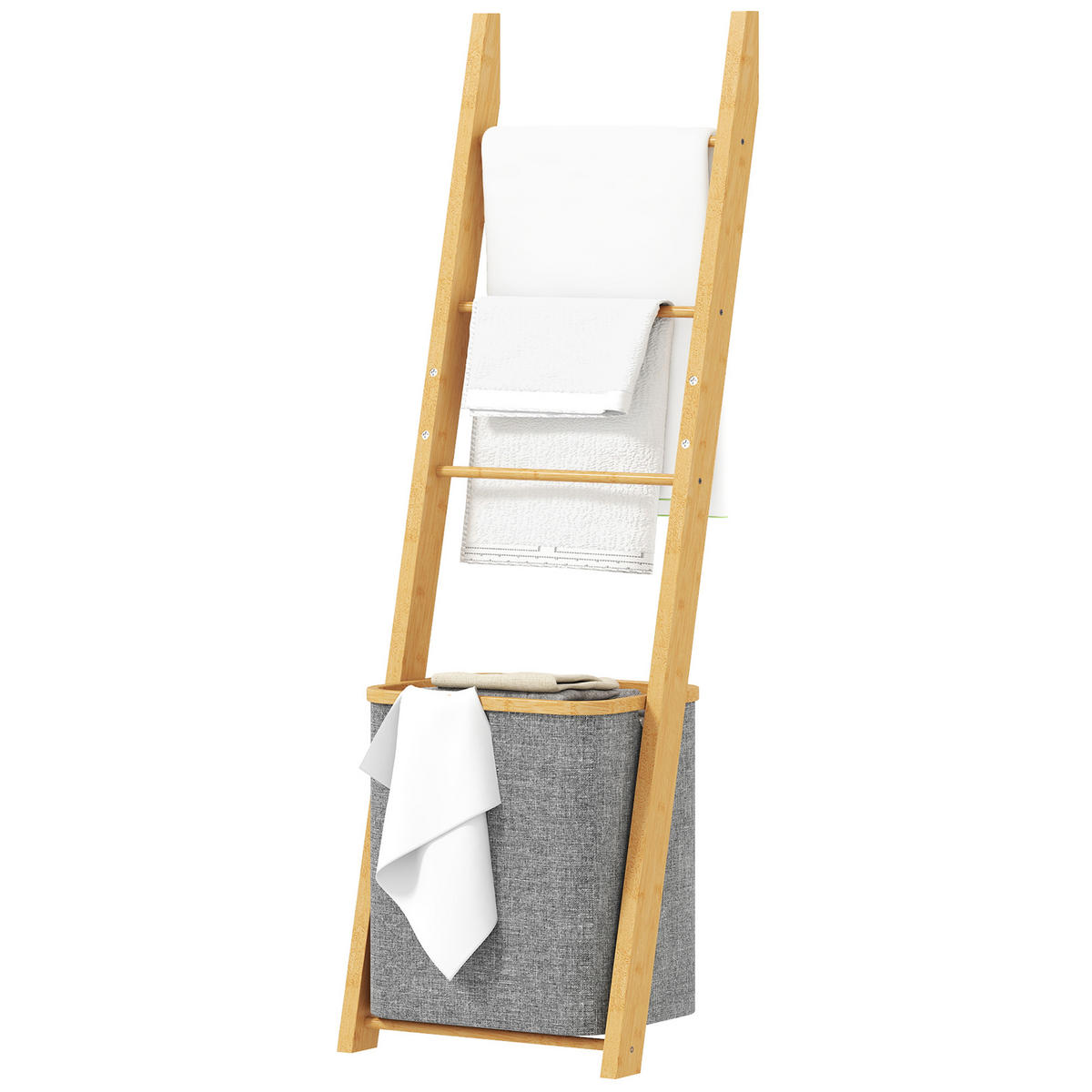 HANDTUCHLEITER DE-17344 mit Wäschekorb (48 l) & 3 Stangen Grau - Grau, Naturmaterialien (43/133/35cm) - ComfortXL