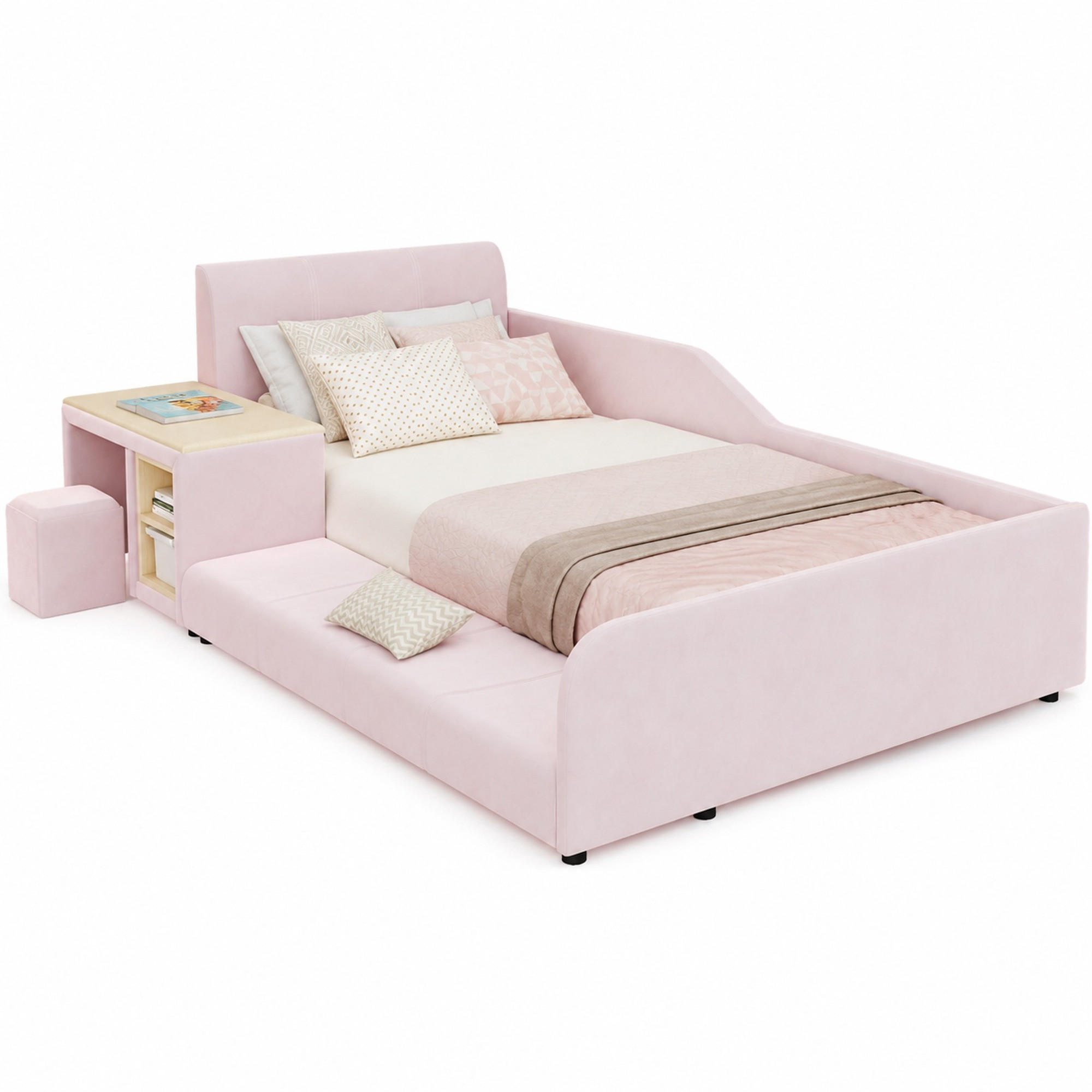 BETT 90/200 cm in Pink mit Schreibtisch, Hocker und Ablageboden - Rosa, Textil (90/200cm) - Flora Grace