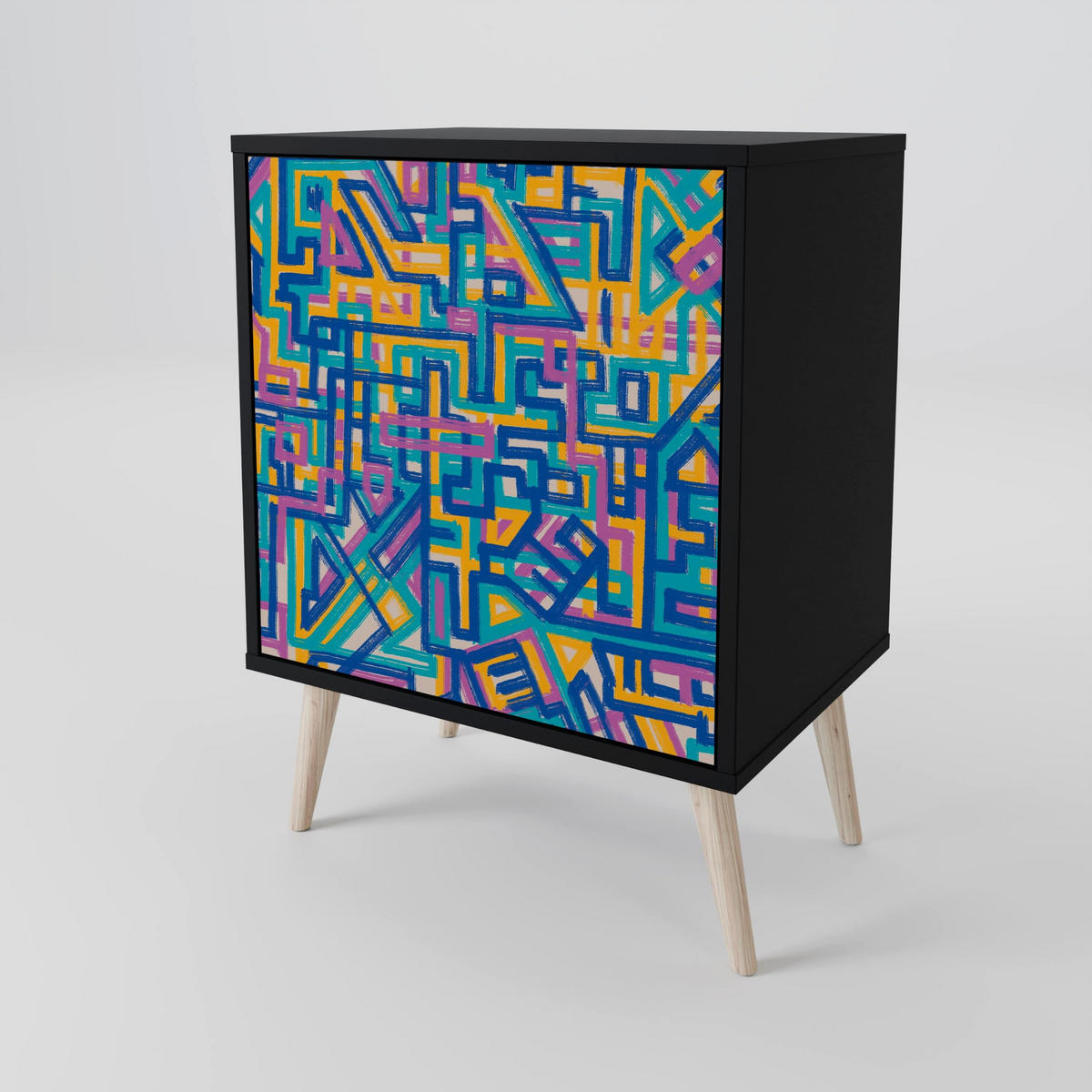SIDEBOARD MEMORIES MAP, Schwarz, 57,5x42x67,5 cm, Schwarze Metall-Rahmenfüße - Multicolor/Schwarz, Holzwerkstoff/Metall (57.5/67.5/42cm) - SpaceRebels