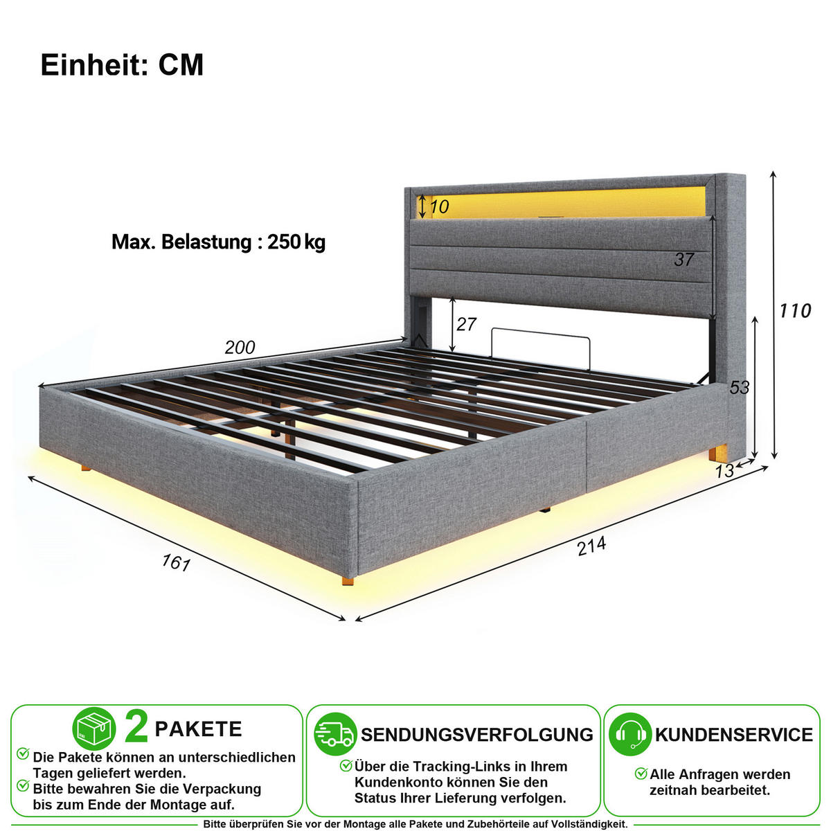 POLSTERBETT 160/200 cm in Grau mit Bettkasten, LED und USB Leinen - Grau, Holzwerkstoff/Textil (160/200cm) - CHICFURN