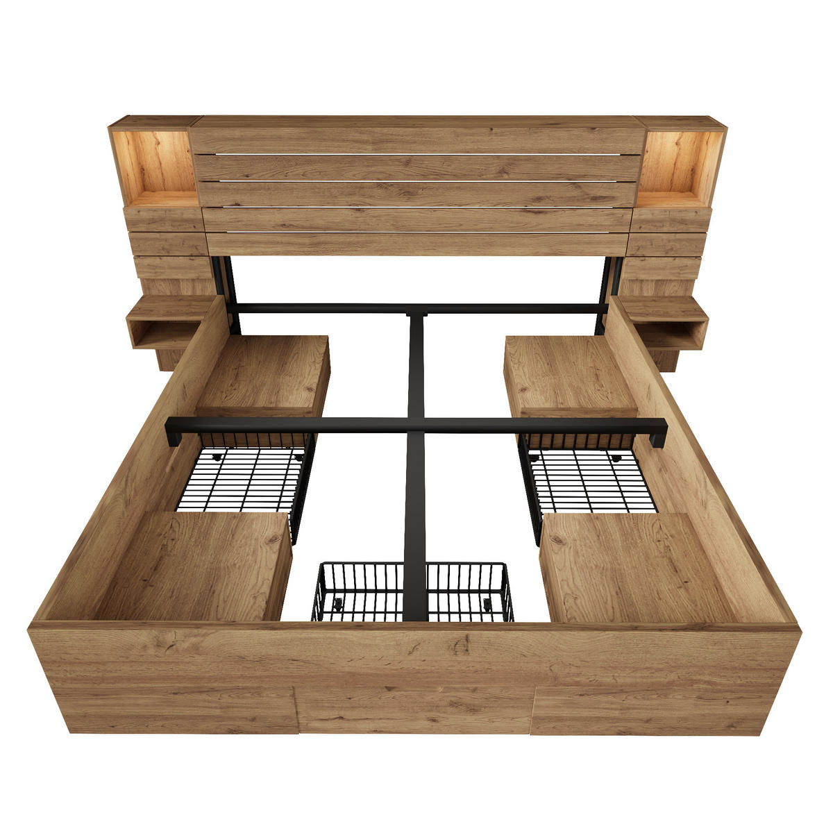 DOPPELBETT 180/200 cm mit LED-Downlights, USB- und USB-C-Anschluss, Stauraum und schwebenden Nachttischen, Eiche - Eichefarben, Holzwerkstoff (180/200cm) - Redom