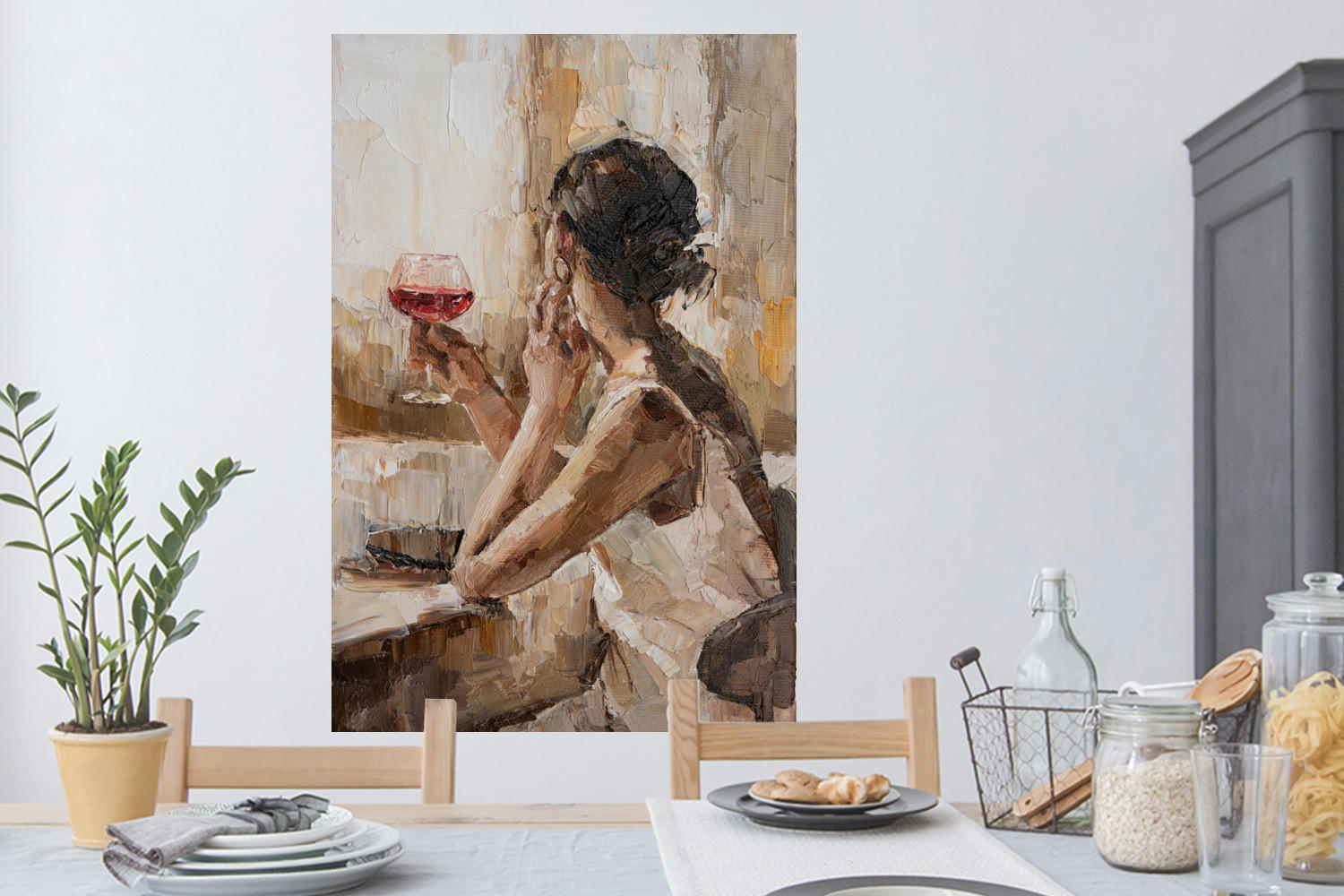 WANDTATTOO Ölgemälde - Frau - Wein 80x120 cm - Hellbraun, Kunststoff (80/120/0.1cm) - MuchoWow