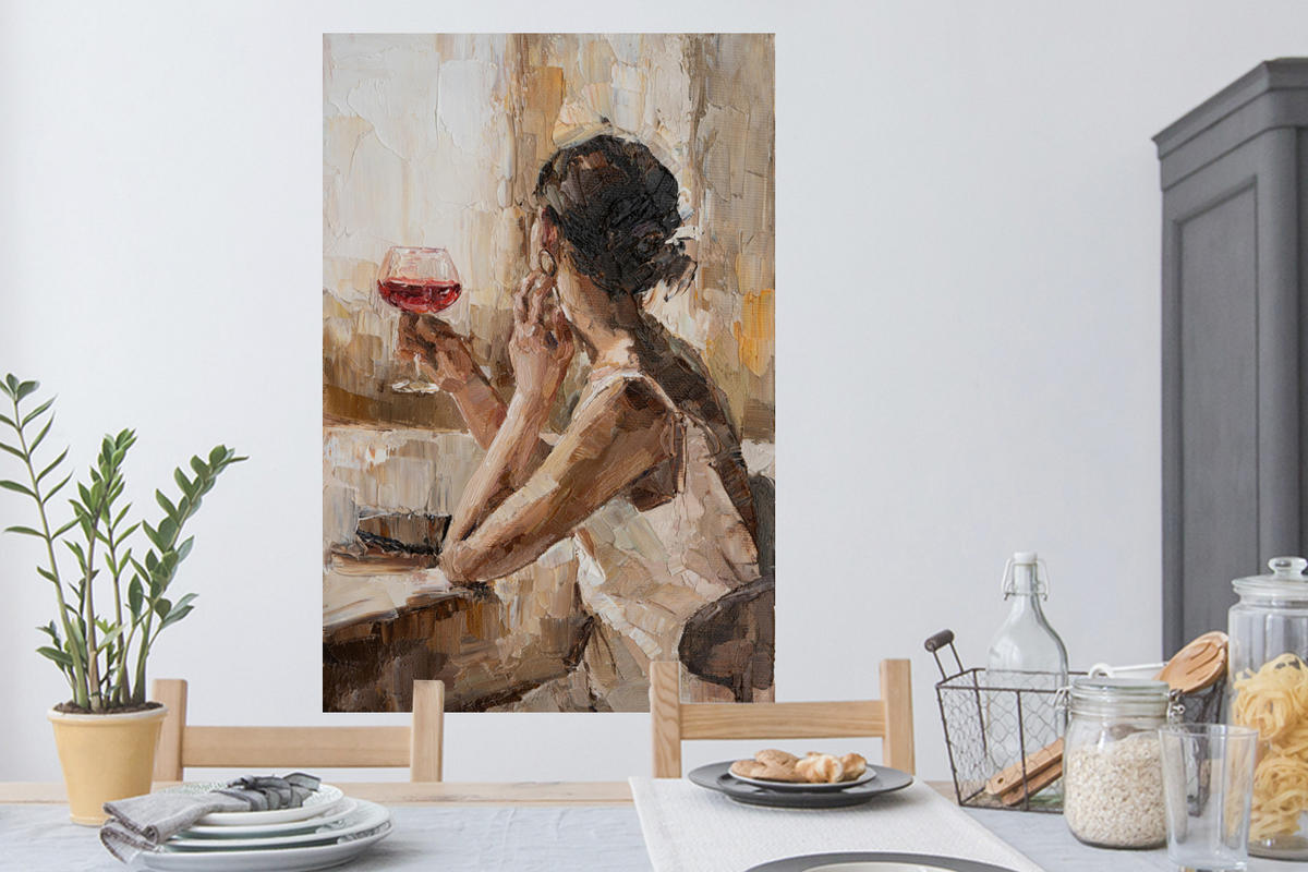 WANDTATTOO Ölgemälde - Frau - Wein 80x120 cm - Hellbraun, Kunststoff (80/120/0.1cm) - MuchoWow