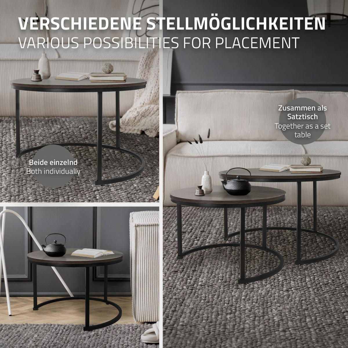 COUCHTISCH rund Eiche-dunkel-Schwarz 74/74/48-59/59/40 cm 2er Set - Dunkelbraun, Metall (74/48/74cm) - ML-DESIGN