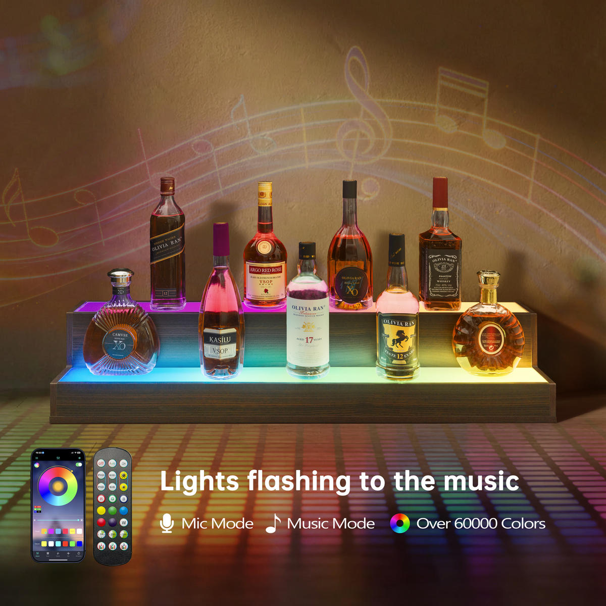 WEINREGAL 95/21/18 cm, Nussbaumfarben, Verbundholz, LED beleuchtet, App & Fernbedienung, 2-stufig, freistehend - Walnussfarben, Holzwerkstoff (95/18/21cm)