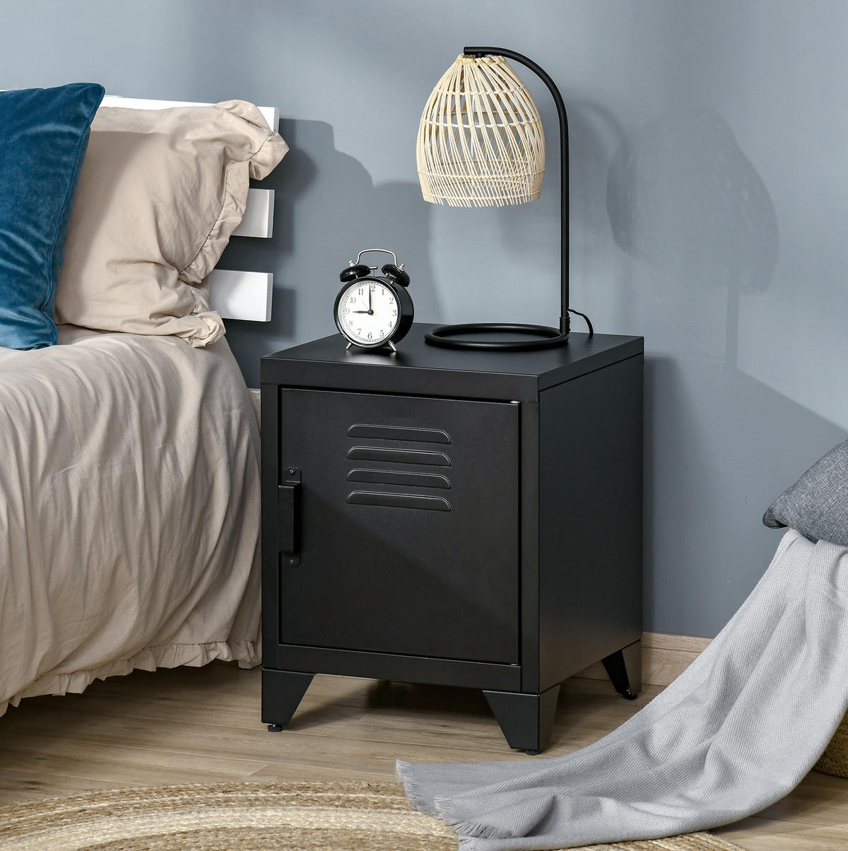 NACHTTISCH 40/40/50 cm mit verstellbarem Regal und Jalousietür aus Metall, Schwarz - Schwarz, Metall (40/50/40cm) - Redom