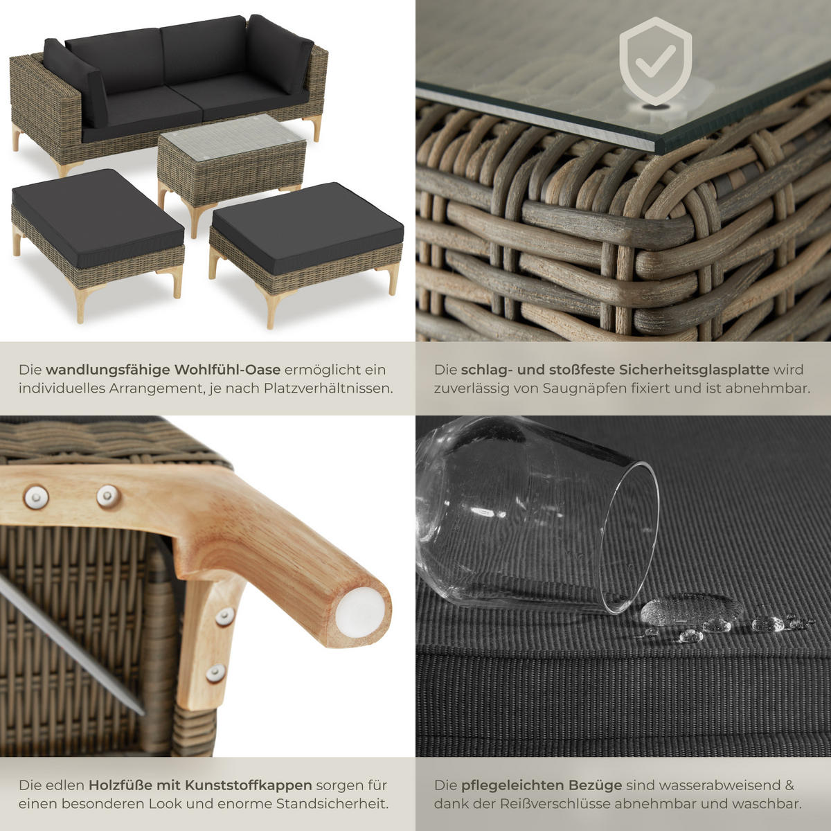 RATTANLOUNGE Bellaria,mit Sicherheitsglasplatte,natur - Naturfarben, Kunststoff/Metall - tectake