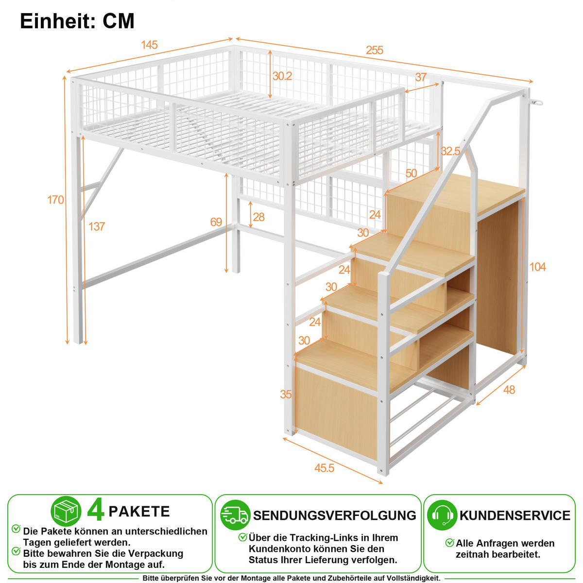 HOCHBETT 140/200 cm in Weiß mit LED, Regal und Kleiderschrank - Weiß, Holzwerkstoff/Metall (140/200cm) - CHICFURN