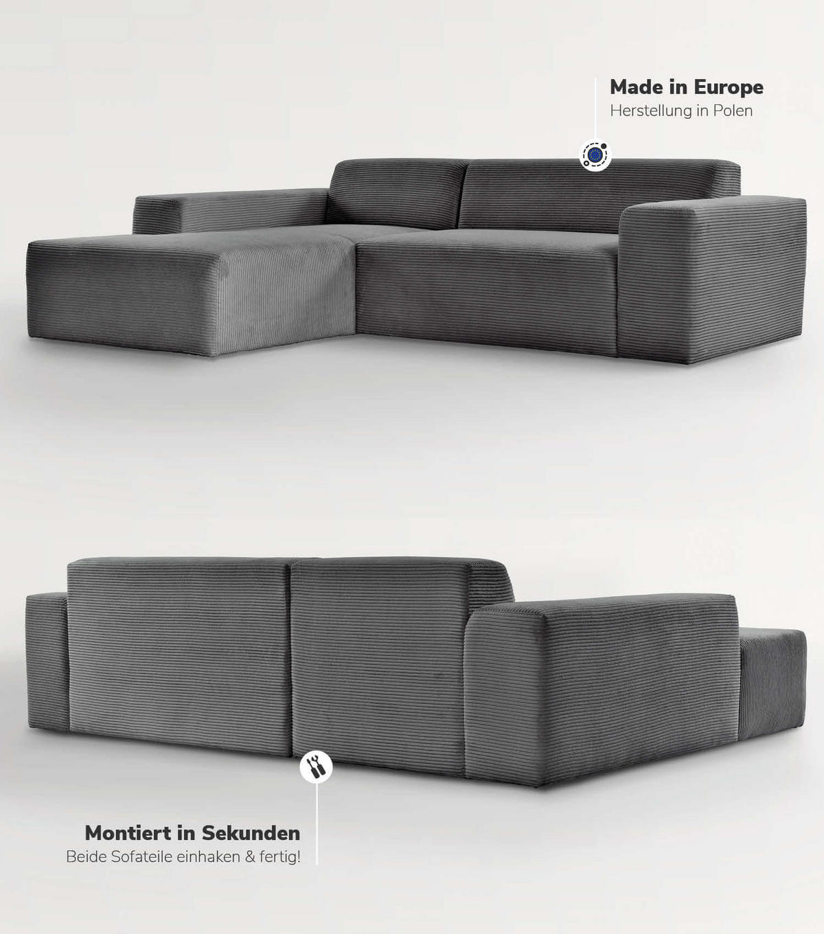 ECKSOFA Die Lässige Recamiere links - Anthrazit, Textil (253/188cm) - Mokebo