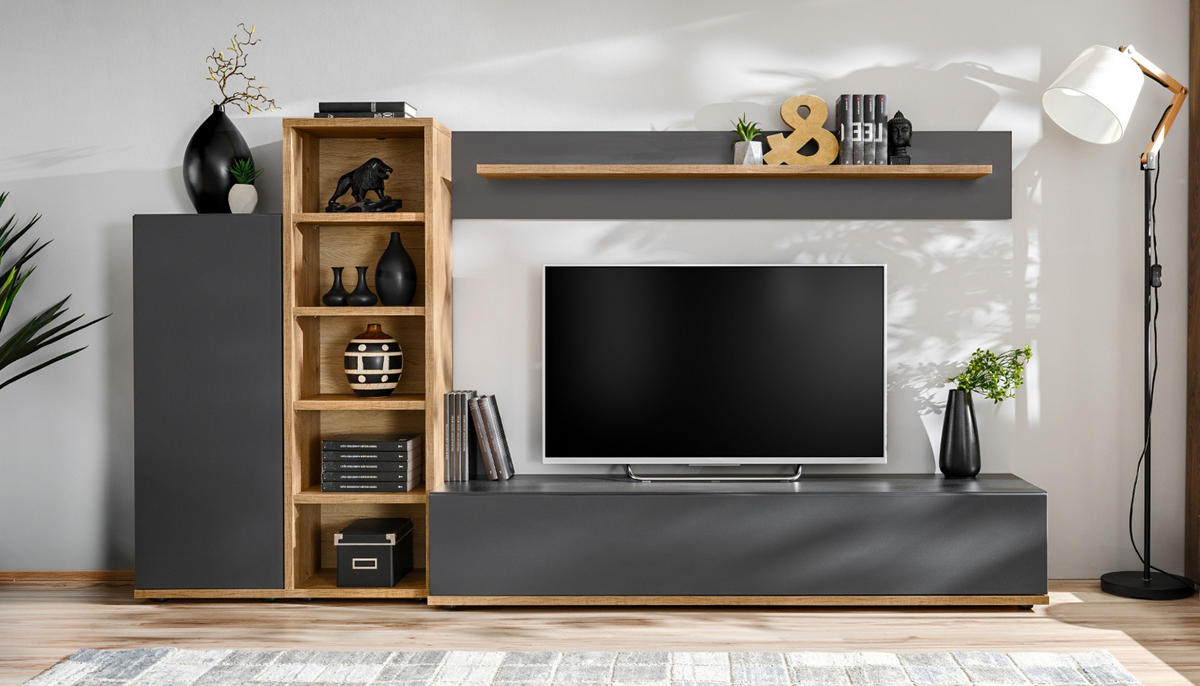 WOHNWAND grau, Wotan Eiche 240 cm, Schrankwand mit Push-to-Open - Eichefarben/Schwarz, Holzwerkstoff/Kunststoff (240/129/40cm) - Furn.Design