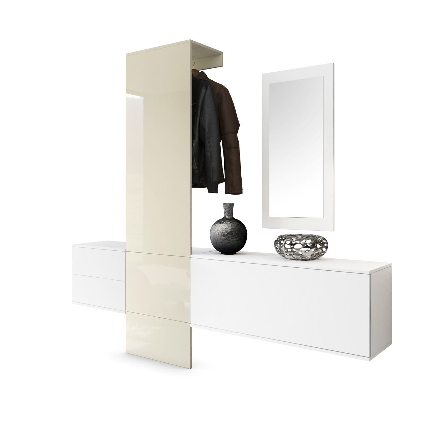 GARDEROBE Carlton Paneel in Creme Hochglanz - Creme, Holzwerkstoff (208/193/35cm) - Vladon