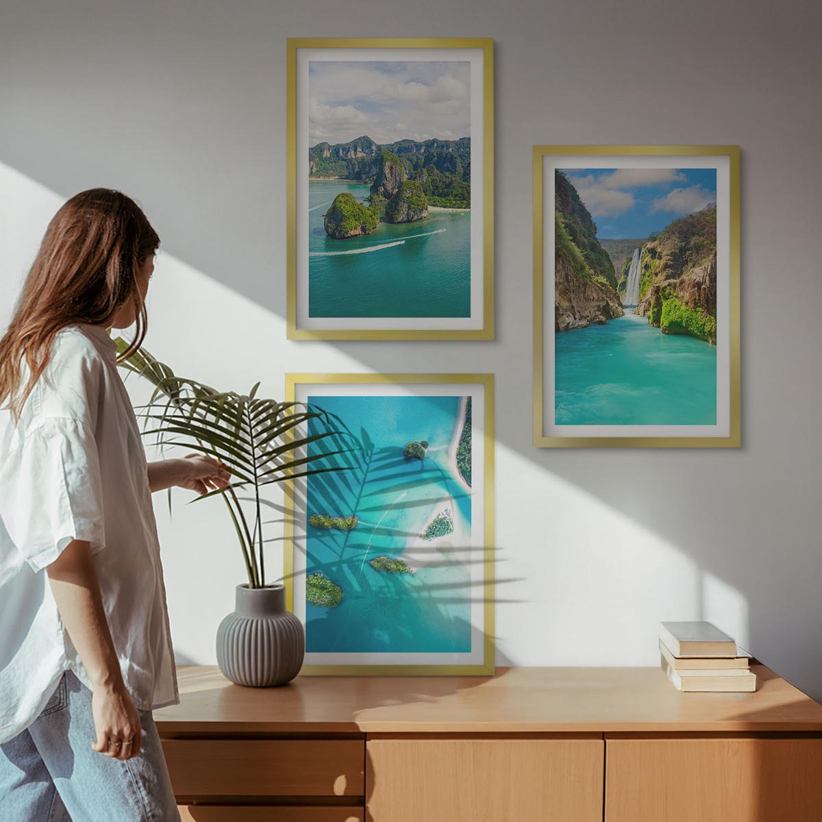 WANDBILDER 3er Set - 40x60 cm Goldrahmen - Tropische Inseln, türkisfarbenes Wasser - Goldfarben, Kunststoff (40/60cm) - ArtPrintCave