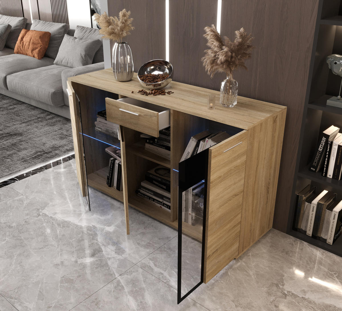 KOMMODE London LSK mit 3 Türen, Sideboard in Farbe: Hellbraun, Größe: 140 x 80 x 40 cm - Hellbraun, Holzwerkstoff (140/80/40cm) - O-Sofa