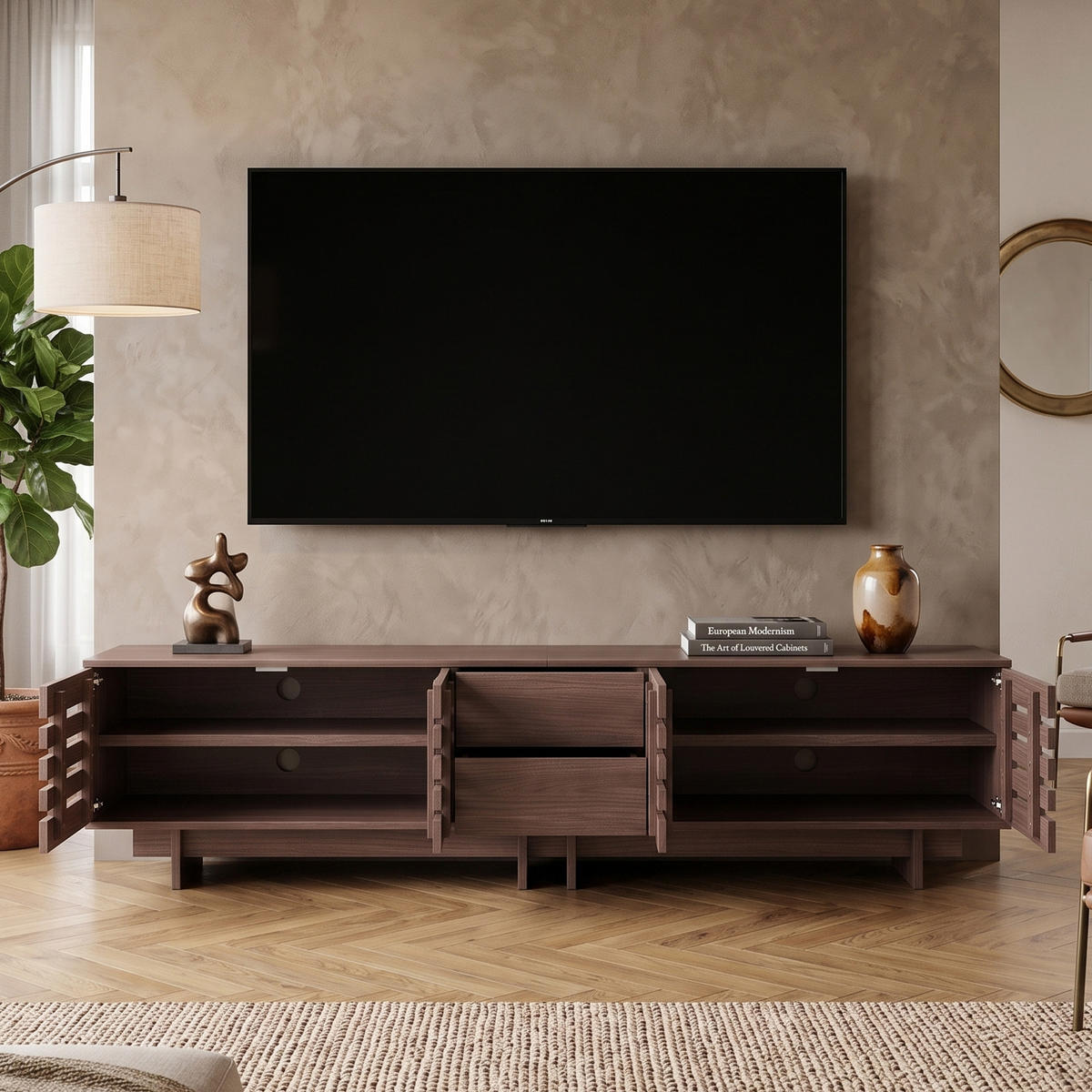 TV-LOWBOARD Walnuss Holzoptik 200cm für 80 Zoll TV mit 4 Türen & 2 Schubladen - Walnussfarben, Holzwerkstoff (200/55/39.5cm) - Urban Meuble
