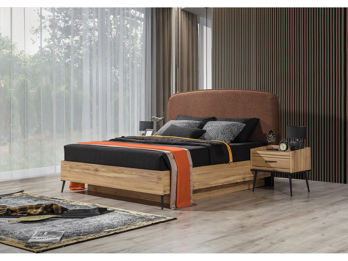 BETTANLAGE CIZGI Schlafzimmer-Set, 4-teilig, Eiche, Bett mit Kopfteil 2 Nachttischen und Kleiderschrank - Eichefarben, Holzwerkstoff (160/200cm)
