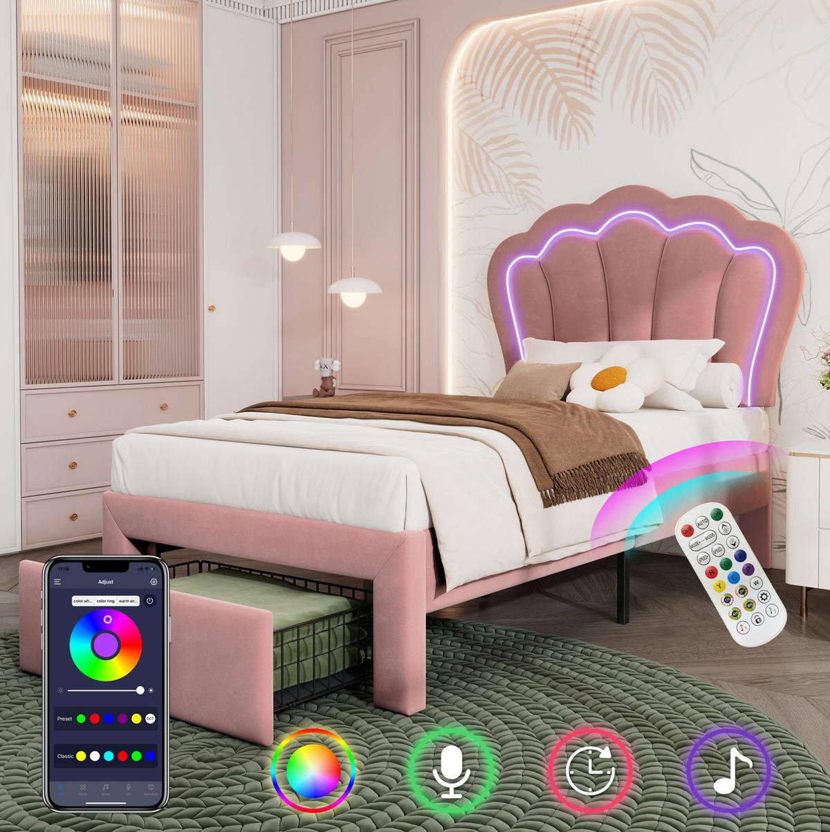 POLSTERBETT 90/200 cm in Rosa mit LED und Schublade - Rosa, Textil (90/200cm) - Flora Grace