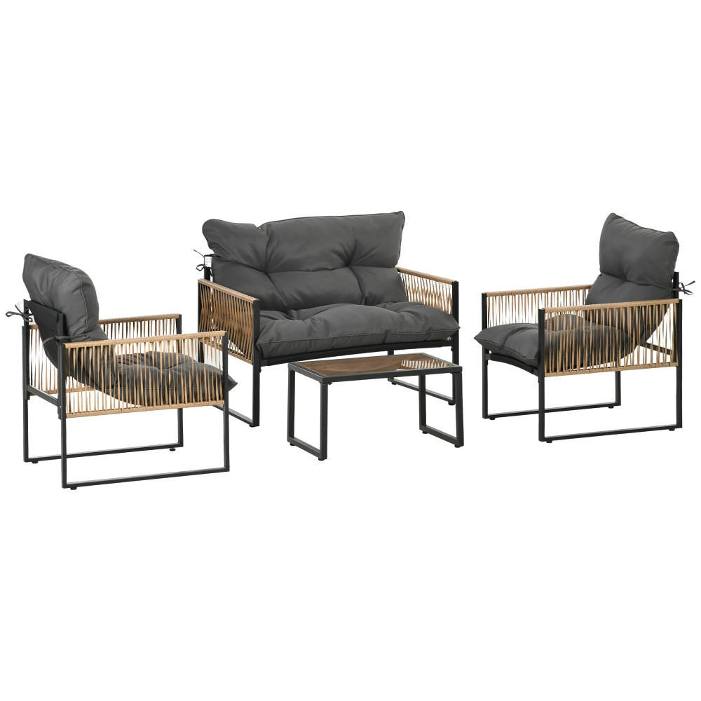 LOUNGEGARNITUR 4-teiliges Set Rattan Gartenmöbel Set MIT BEQUEMEN KISSEN Rattan und Glas für Balkon 106/70/72 cm - Grau, Textil - Rolipo