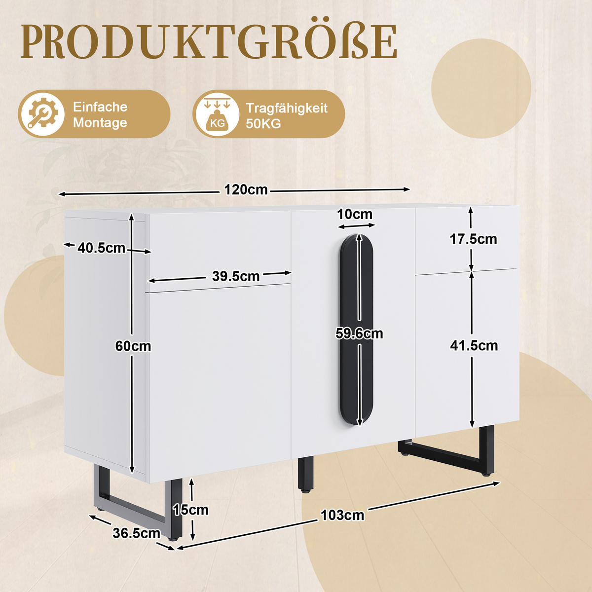 SIDEBOARD 120 x 40.5 x 75 cm mit viel Stauraum, weiß - Weiß, Holz (40.5/75/120cm) - KOMHTOM