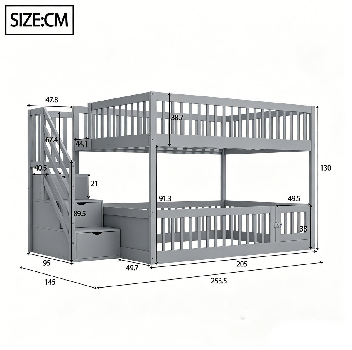 ETAGENBETT 140/200 cm mit Stauraumtreppe, Schubladen und Tür, Grau - Grau, Holzwerkstoff (140/200cm) - Redom